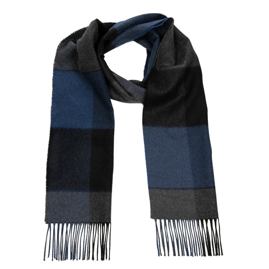 Denim, Black & Grey Block Check Pattern | Merino Luxury Wool Scarf | Made in Nenagh, Co. Tipperary