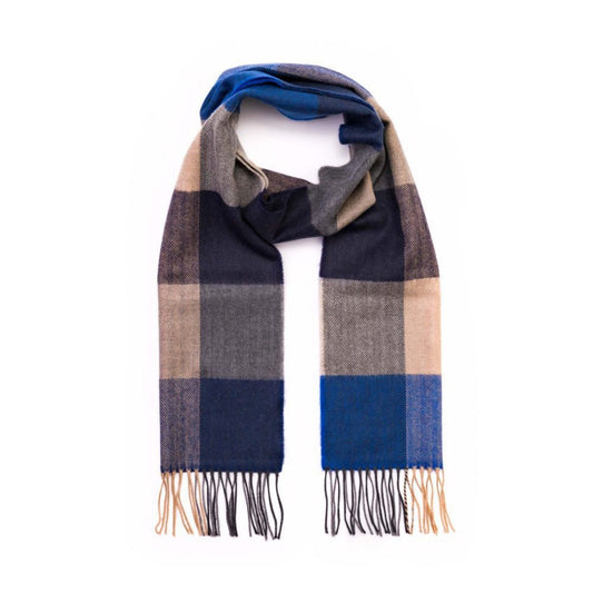 Blue, Navy & Sand Block Check Pattern | Merino Luxury Wool Scarf | Made in Nenagh, Co. Tipperary