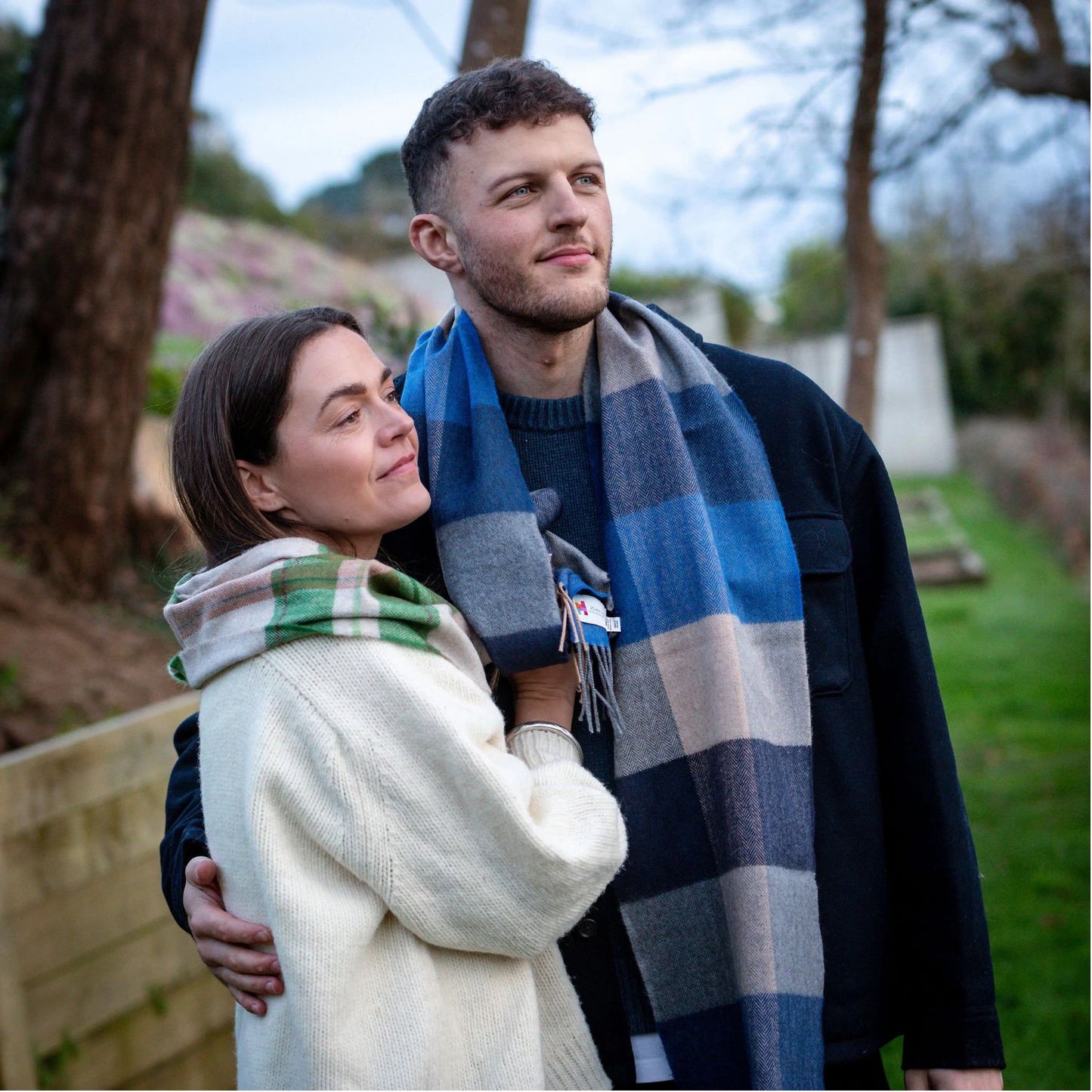 Blue, Navy & Sand Block Check Pattern | Merino Luxury Wool Scarf | Made in Nenagh, Co. Tipperary