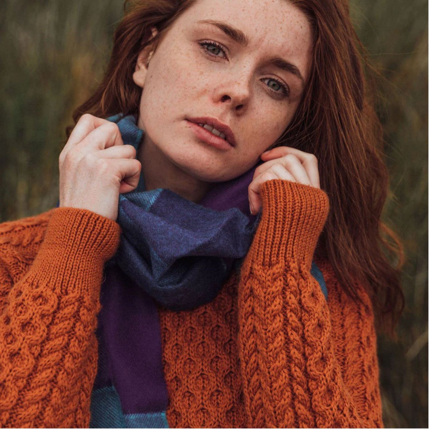 Blue & Purple Block Check Pattern | Merino Luxury Wool Scarf | Made in Nenagh, Co. Tipperary