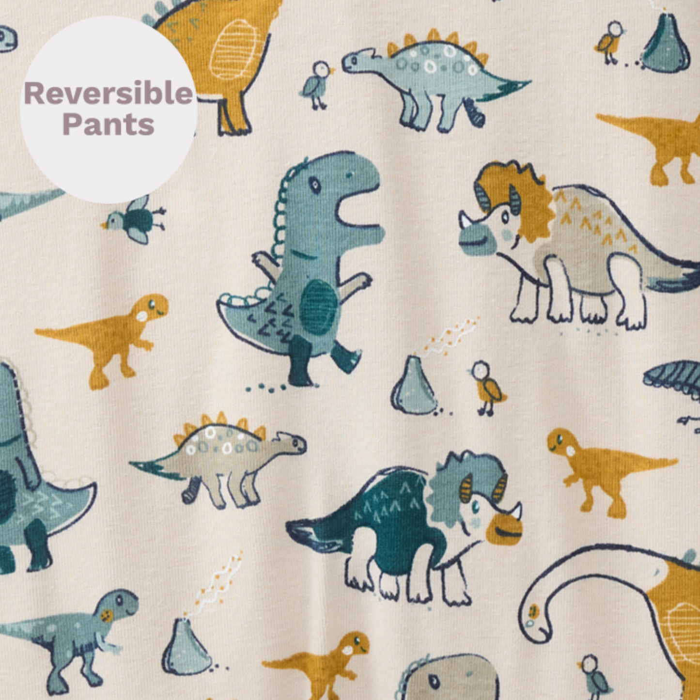 Dinosaurs | Eucalyptus - Oatmeal | Kids Reversible Waist Pants | GOTS Organic Cotton