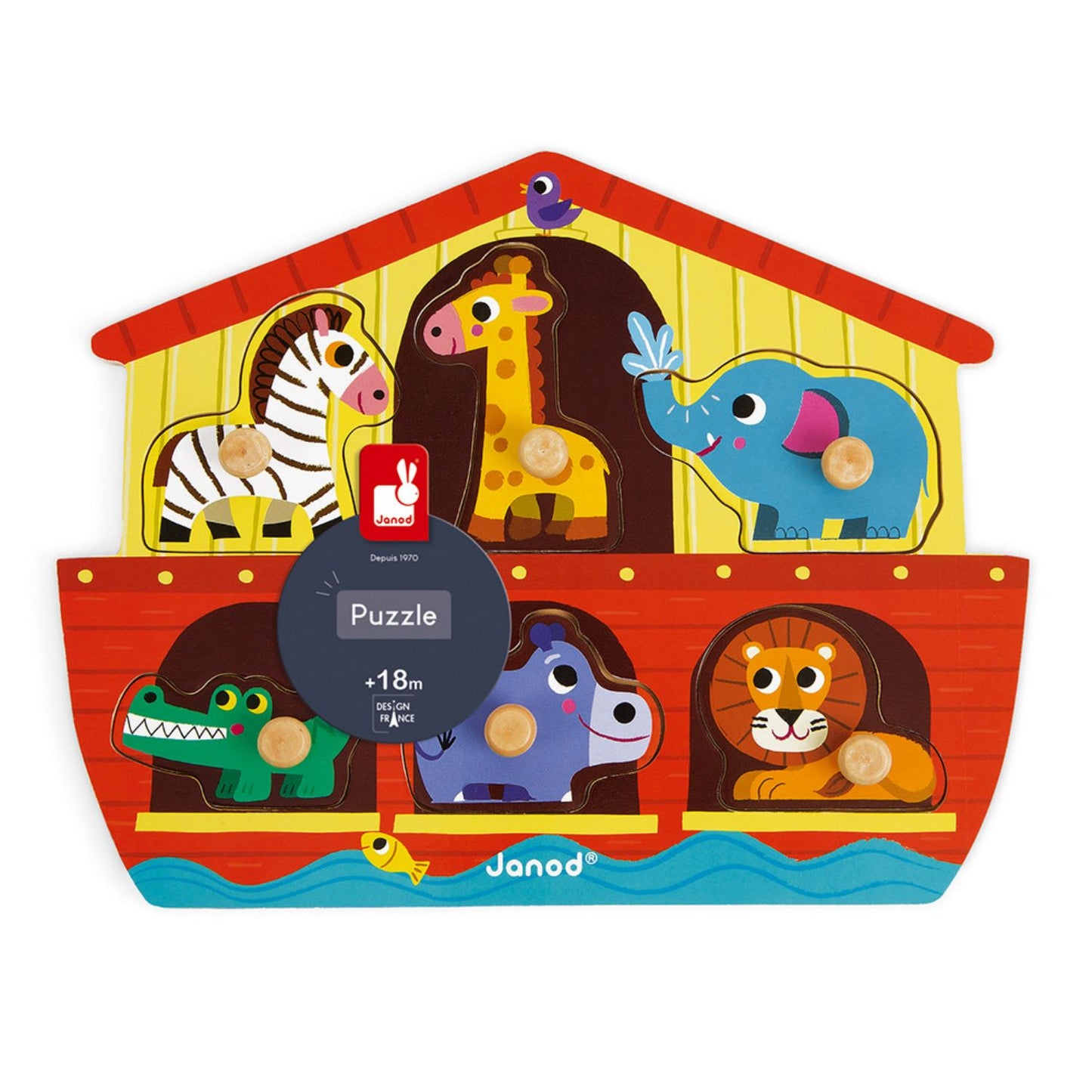 Noah's Ark Wooden Pegged Puzzle with 6 Different Animals | Wooden Toddler Activity Toy