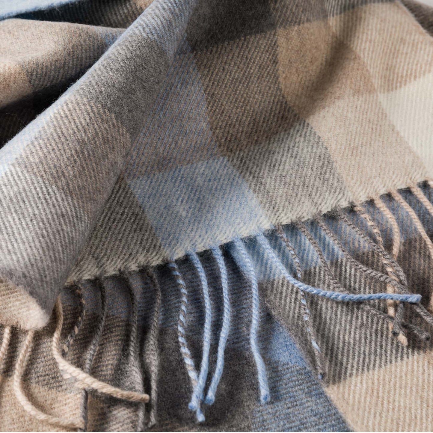 Blue, Grey, Stone and White Block Check Pattern | Merino Luxury Wool Scarf | Made in Nenagh, Co. Tipperary