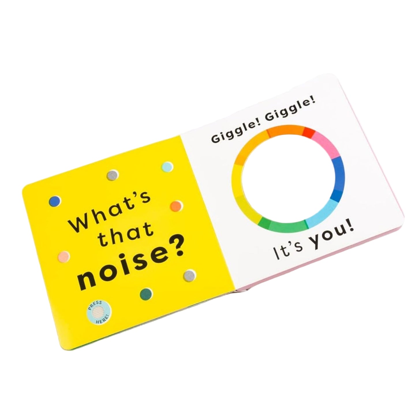 Children's book with colorful buttons and a mirror on a white background