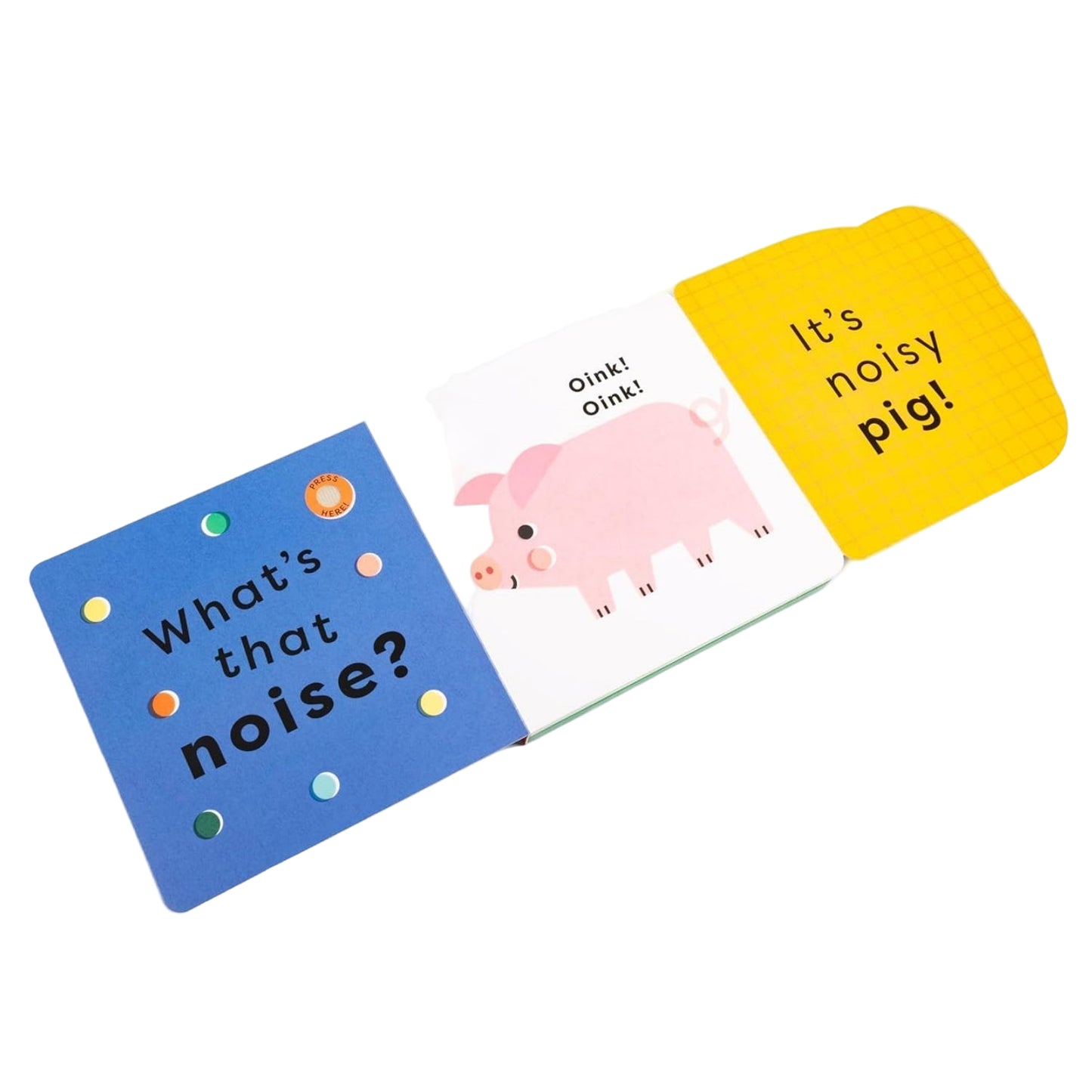 Children's book with colorful pages featuring a pig illustration and text on a white background