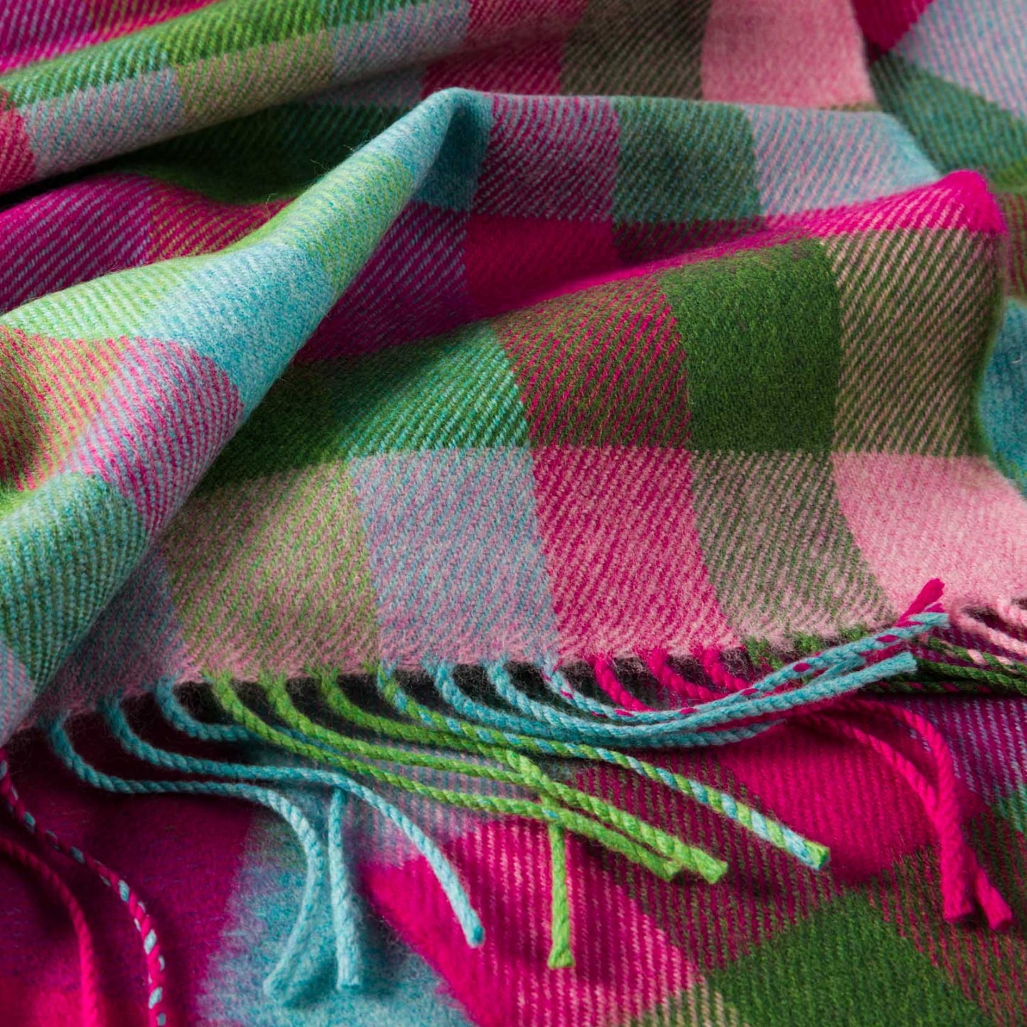 Pink, Raspberry, Blue and Green Block Check Pattern | Merino Luxury Wool Scarf | Made in Nenagh, Co. Tipperary