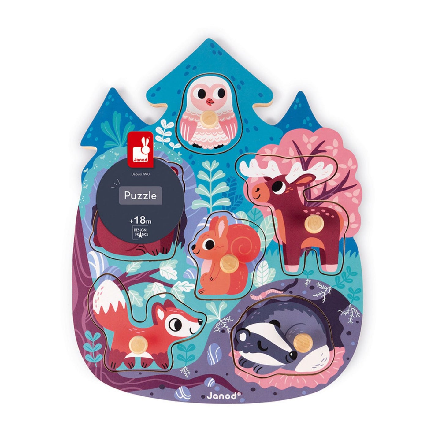 Happy Forest Wooden Pegged Puzzle with 6 Different Animals | Wooden Toddler Activity Toy