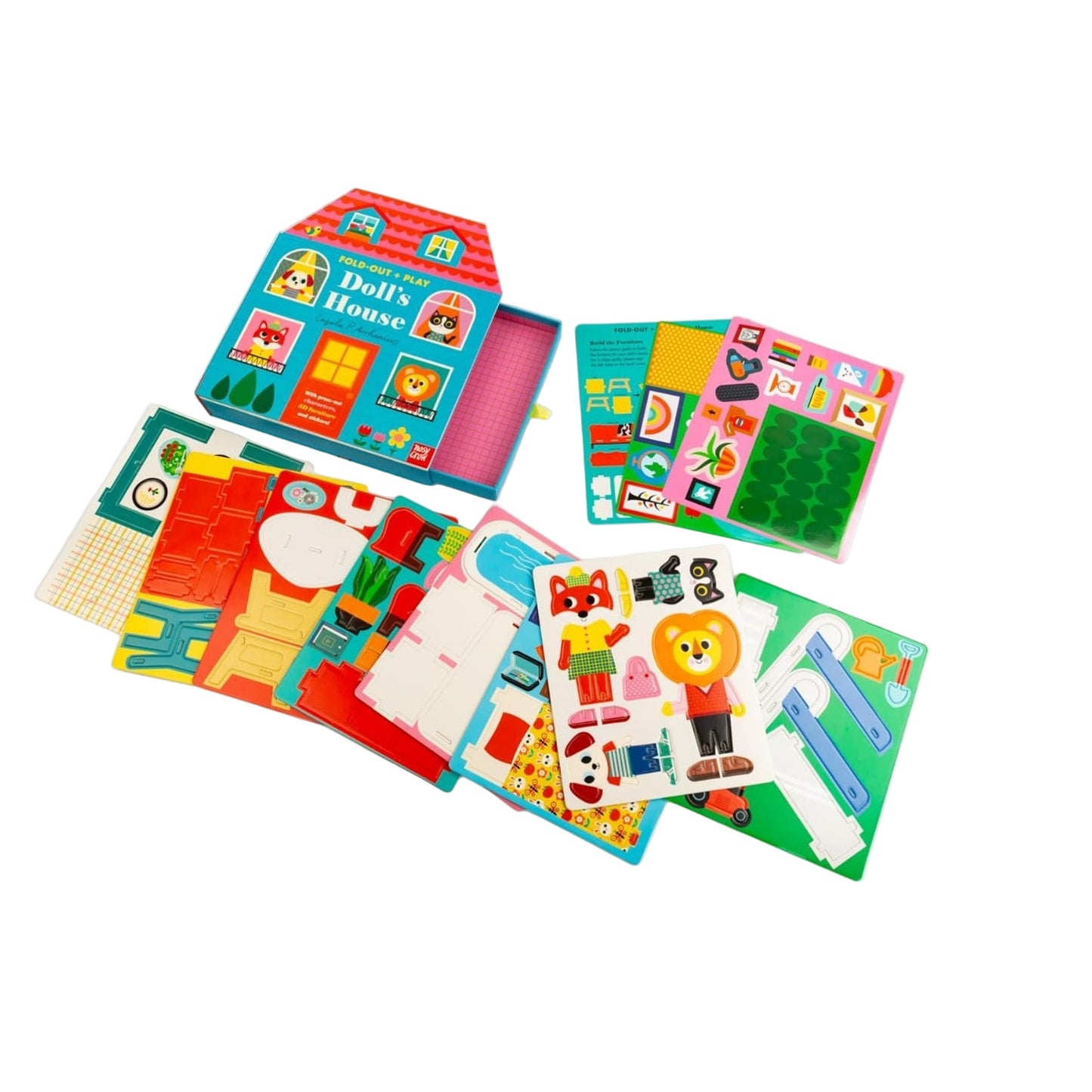 Colorful children's toy set with various pieces on a white background