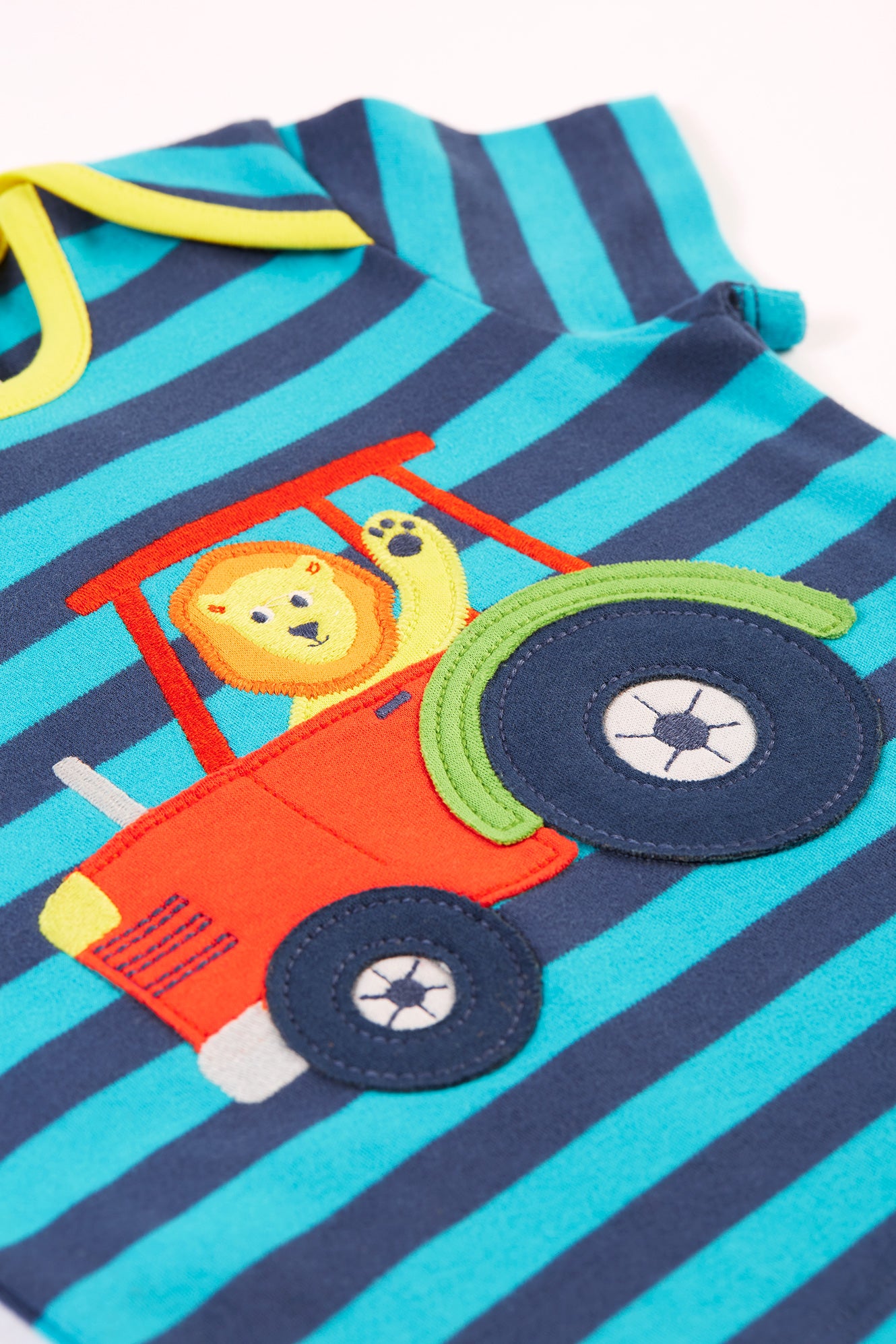 Tropic Navy Stripe - Tractor | Bobster Appliqué T-Shirt | Short Sleeve Top | GOTS Organic Cotton