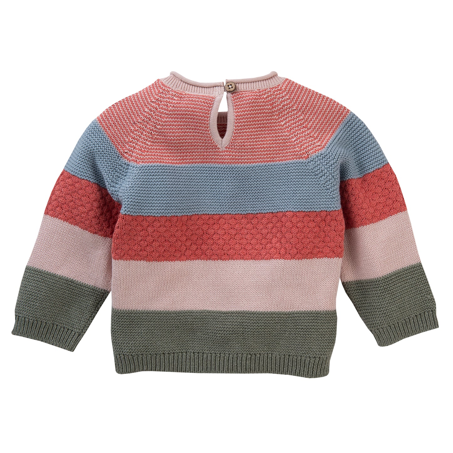 People WEAR ORGANIC Blue, Raspberry, Rose & Sage Stripe | Baby Knitted Jumper | GOTS Organic Cotton | Back | BeoVERDE Ireland