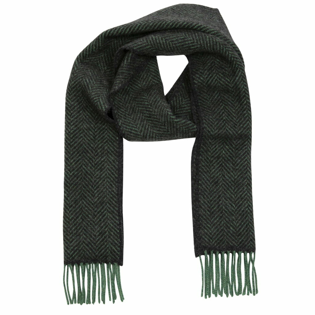John Hanly Cashmere Merino Irish Scarf | Green and Charcoal Herringbone Pattern | Front View | BeoVERDE Ireland