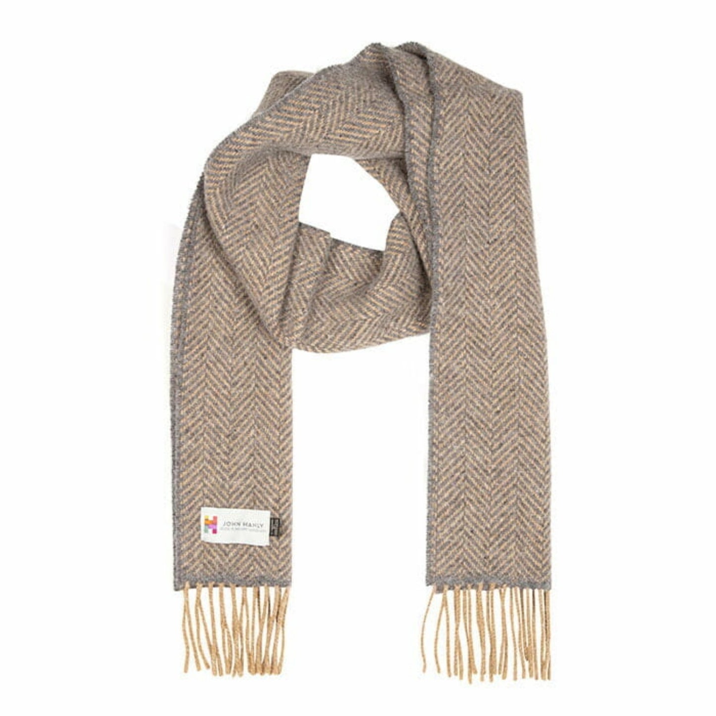 John Hanly Cashmere Merino Irish Scarf | Beige and Mid Grey Herringbone Pattern | Front View | BeoVERDE Ireland