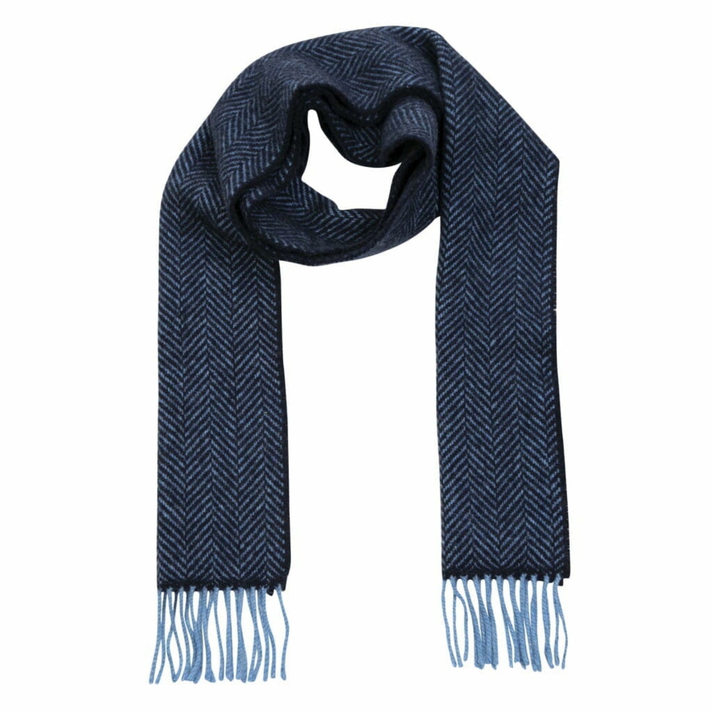 John Hanly Cashmere Merino Irish Scarf | Blue and Navy Herringbone Pattern | Front View | BeoVERDE Ireland