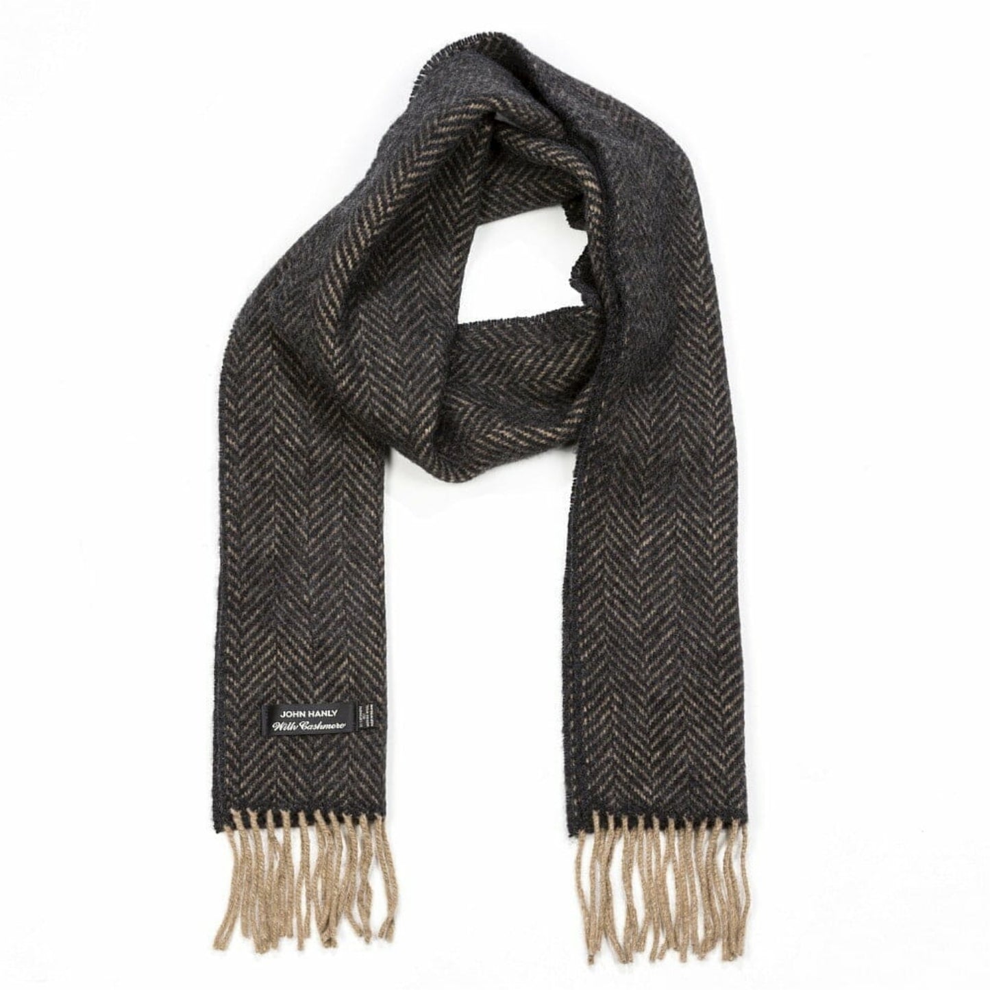 John Hanly Cashmere Merino Irish Scarf | Cream and Dark Grey Herringbone Pattern | Front View | BeoVERDE Ireland