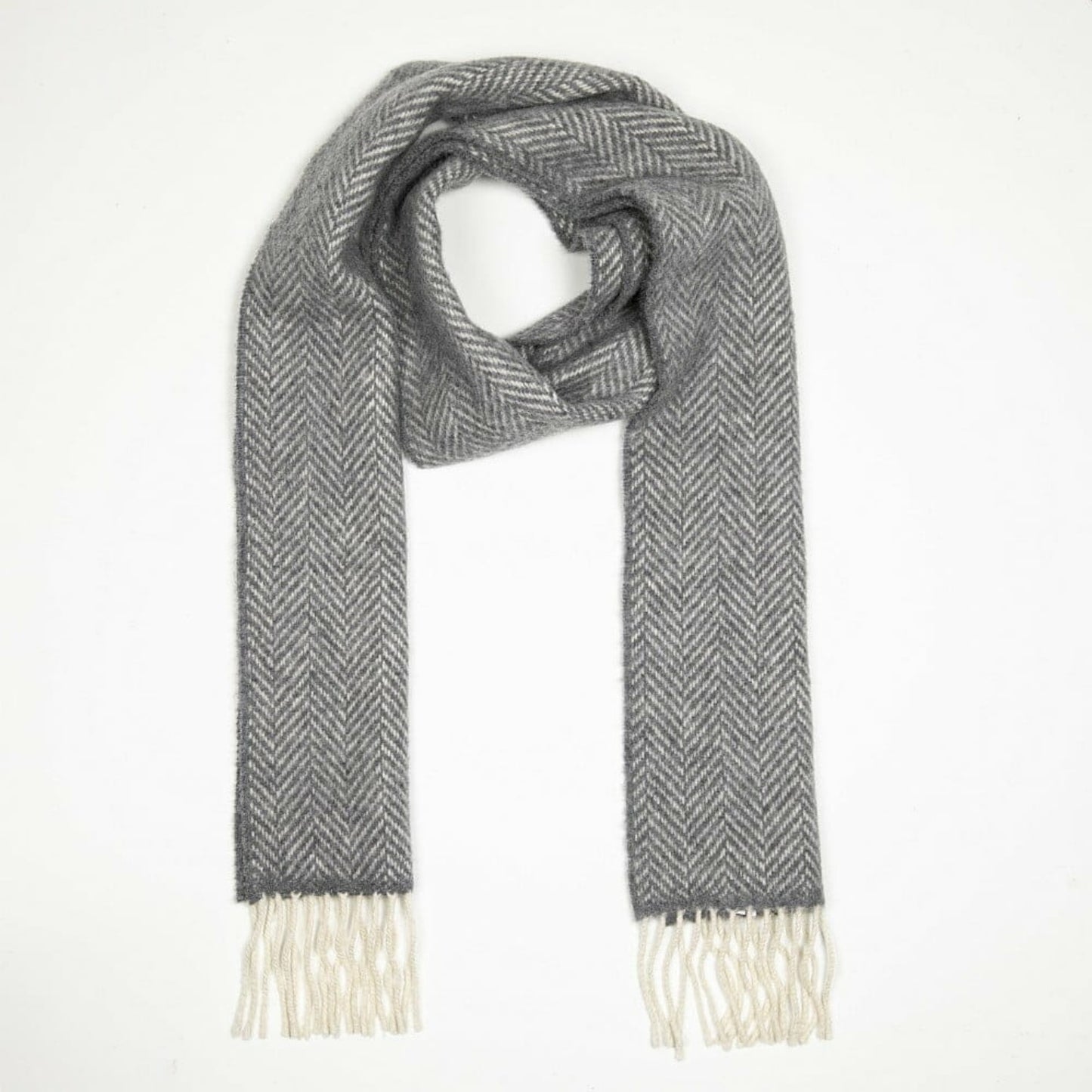 John Hanly Cashmere Merino Irish Scarf | Grey Herringbone Pattern | Front View | BeoVERDE Ireland