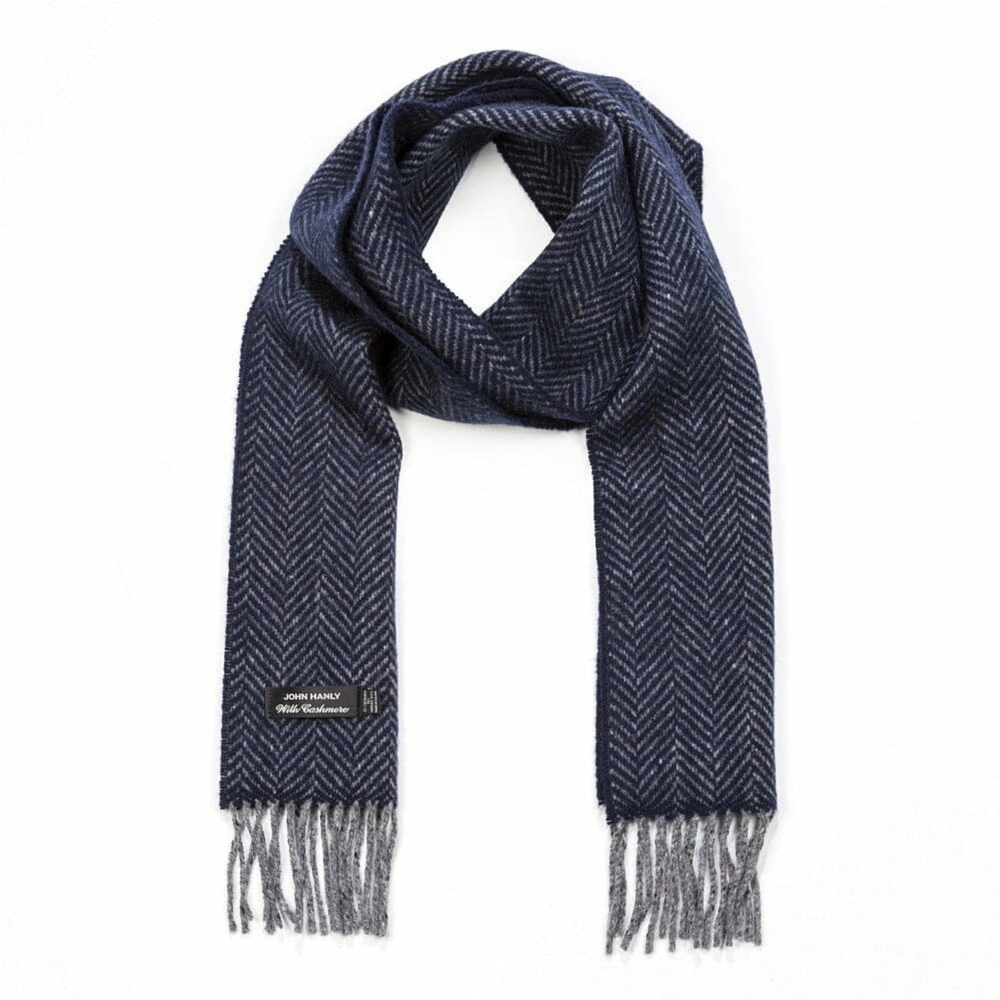 John Hanly Cashmere Merino Irish Scarf | Grey and Navy Herringbone Pattern | Front View | BeoVERDE Ireland