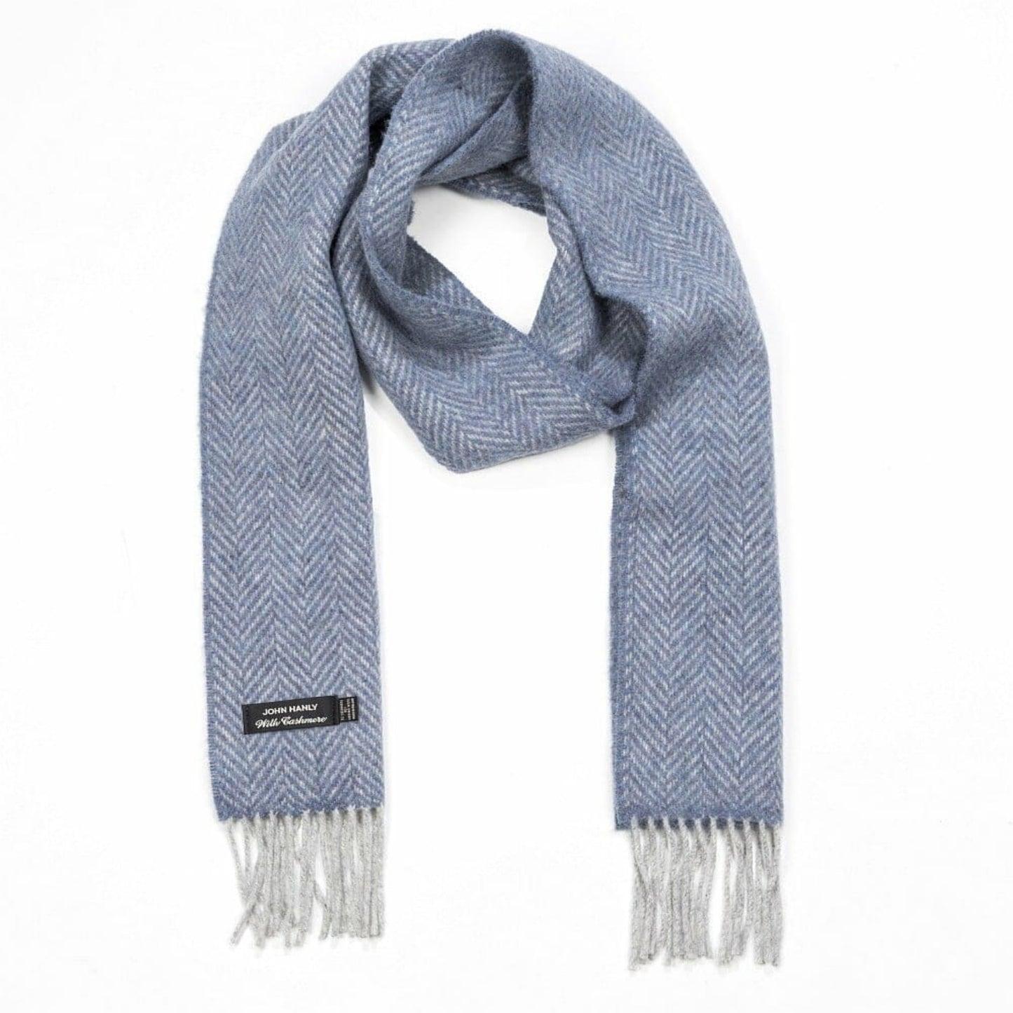 John Hanly Cashmere Merino Irish Scarf | Light-Grey and Blue Herringbone Pattern | Front View | BeoVERDE Ireland