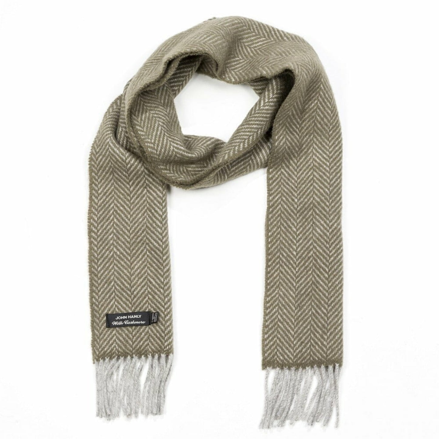 John Hanly Cashmere Merino Irish Scarf | Light-Grey and Olive Herringbone Pattern | Front View | BeoVERDE Ireland