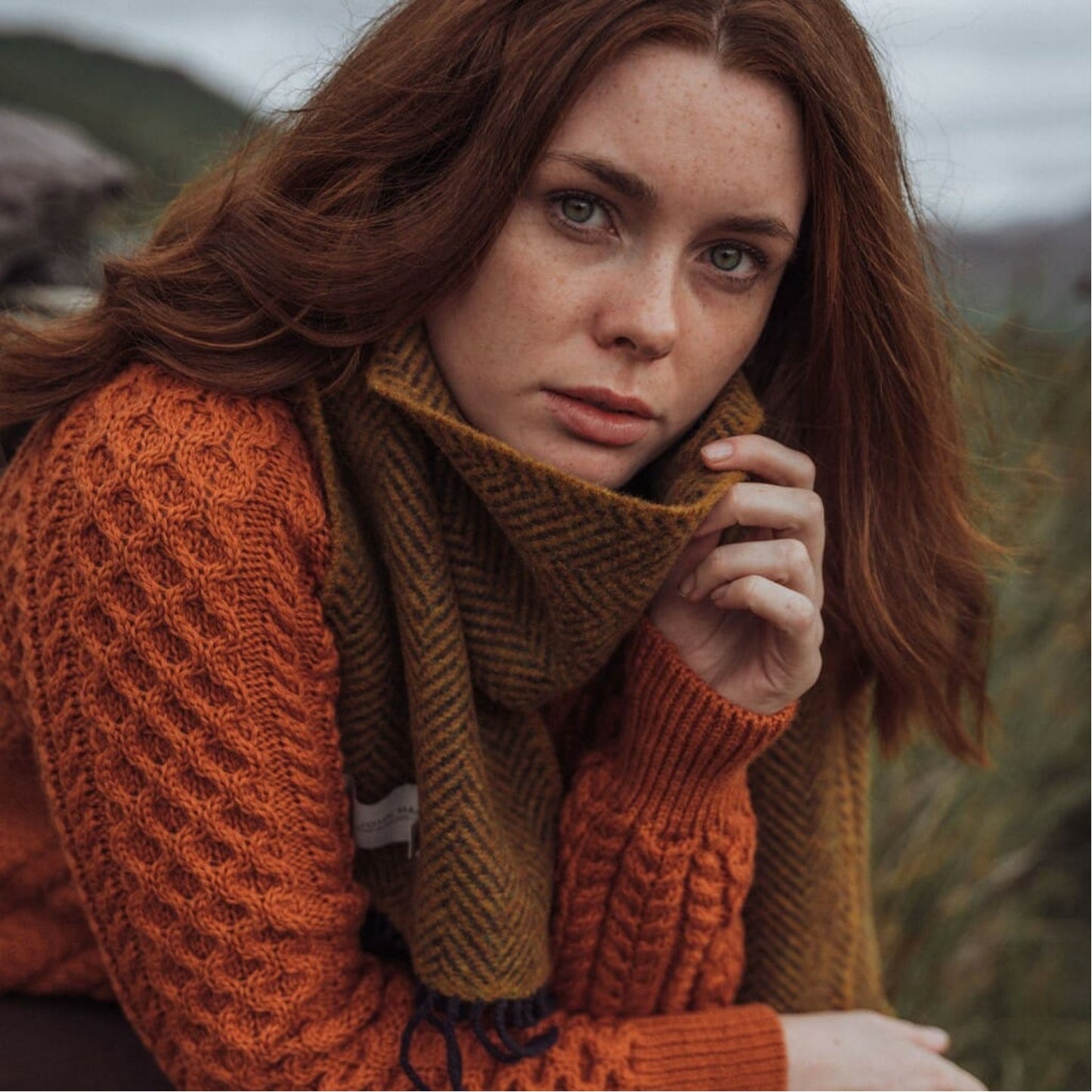 Navy and Mustard Herringbone | Cashmere Merino Irish Scarf | Made in Nenagh, Co. Tipperary