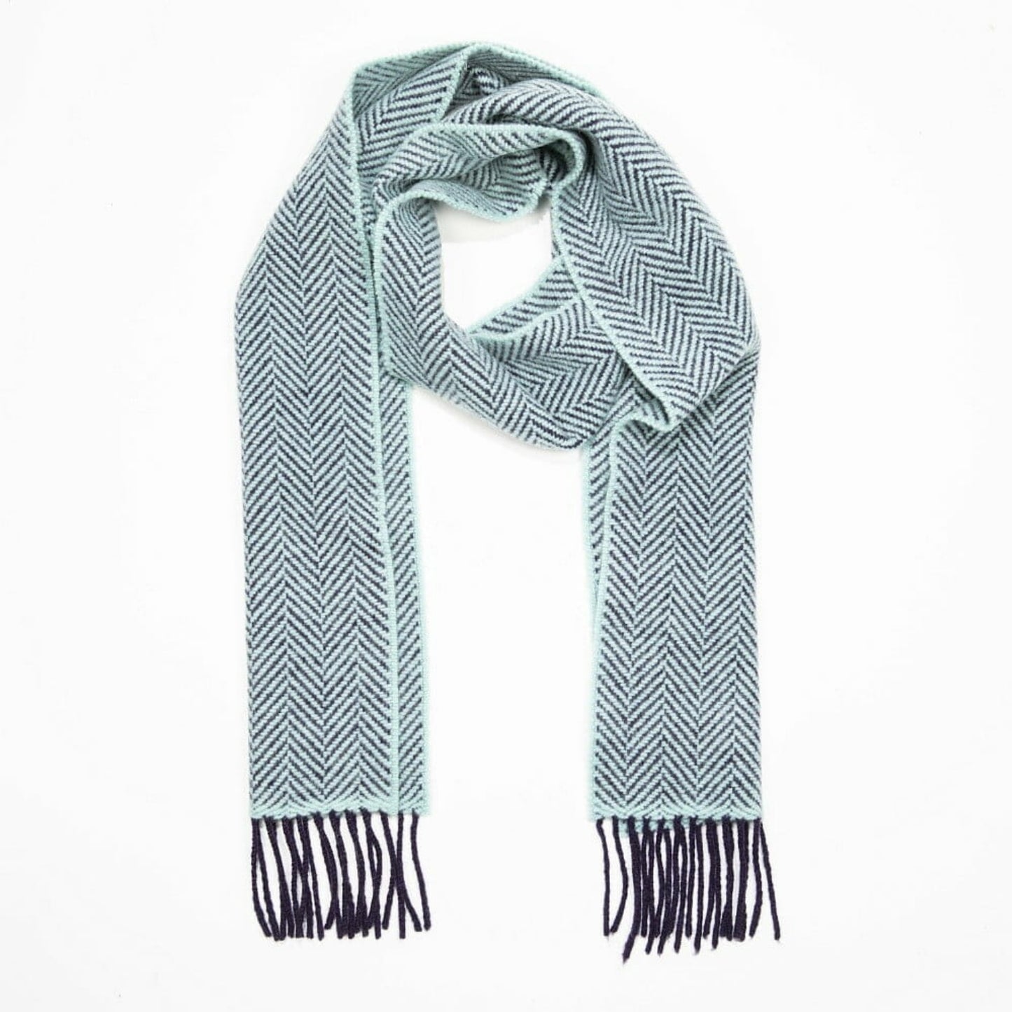 John Hanly Cashmere Merino Irish Scarf | Navy and Duck Egg Herringbone Pattern | Front View | BeoVERDE Ireland