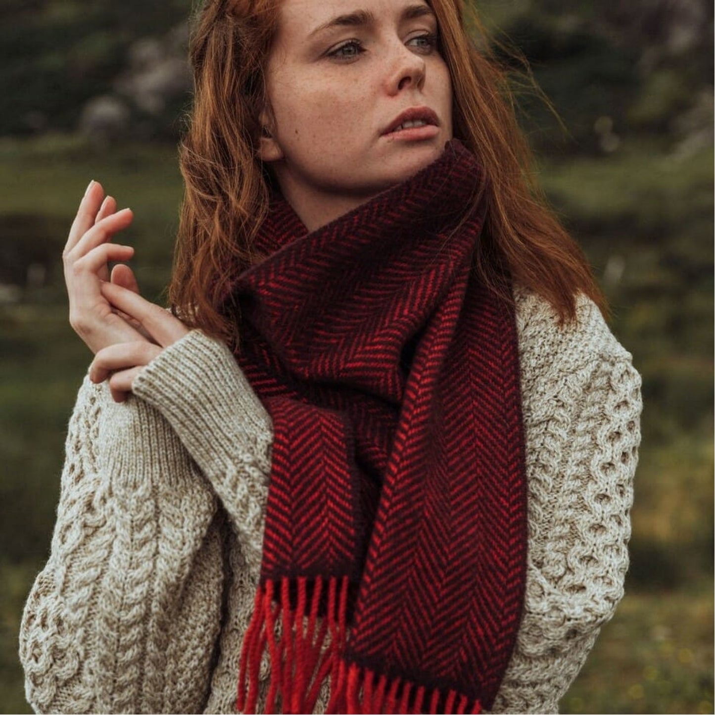 Red and Burgundy Herringbone | Cashmere Merino Irish Scarf | Made in Nenagh, Co. Tipperary