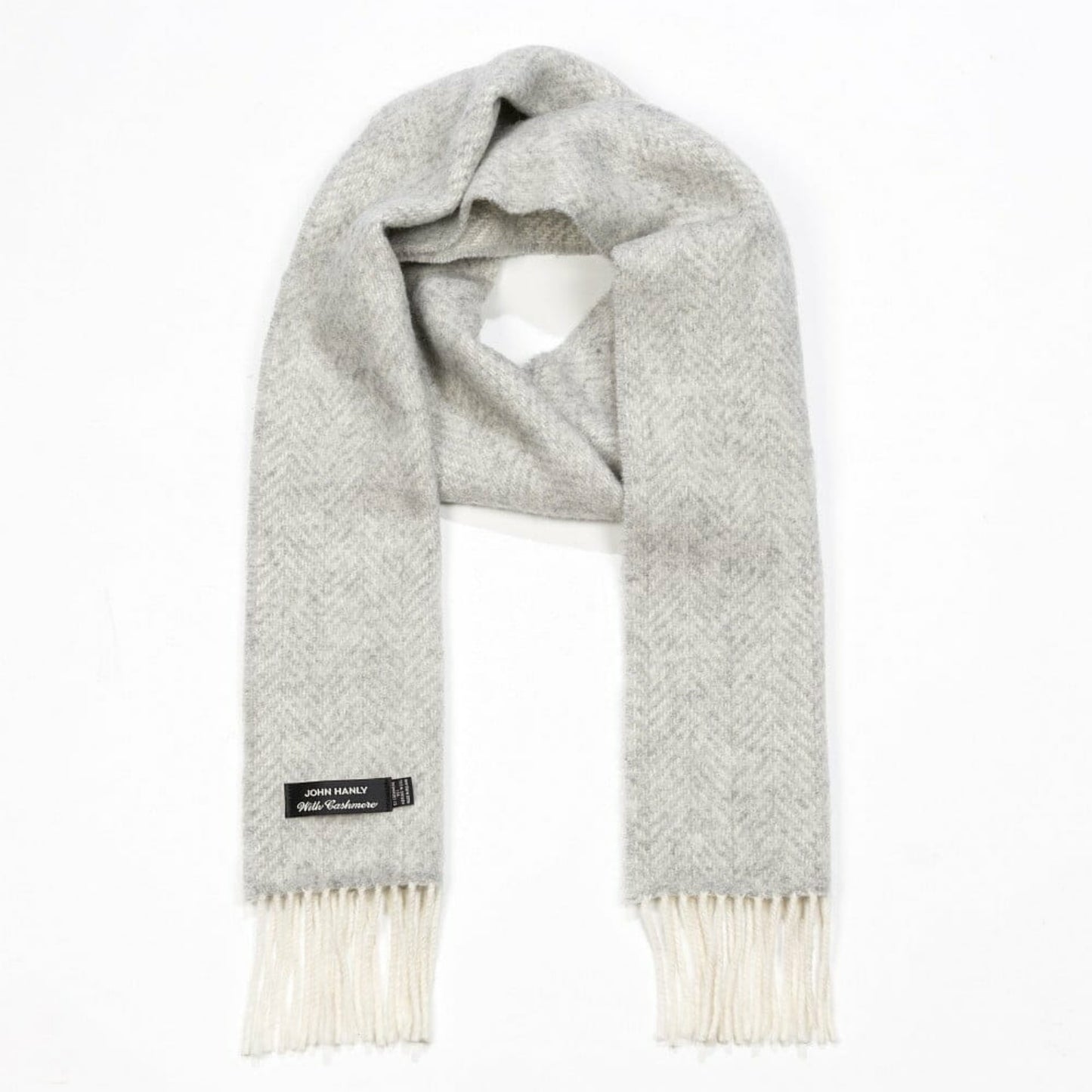 John Hanly Cashmere Merino Irish Scarf | Silver Grey Herringbone Pattern | Front View | BeoVERDE Ireland