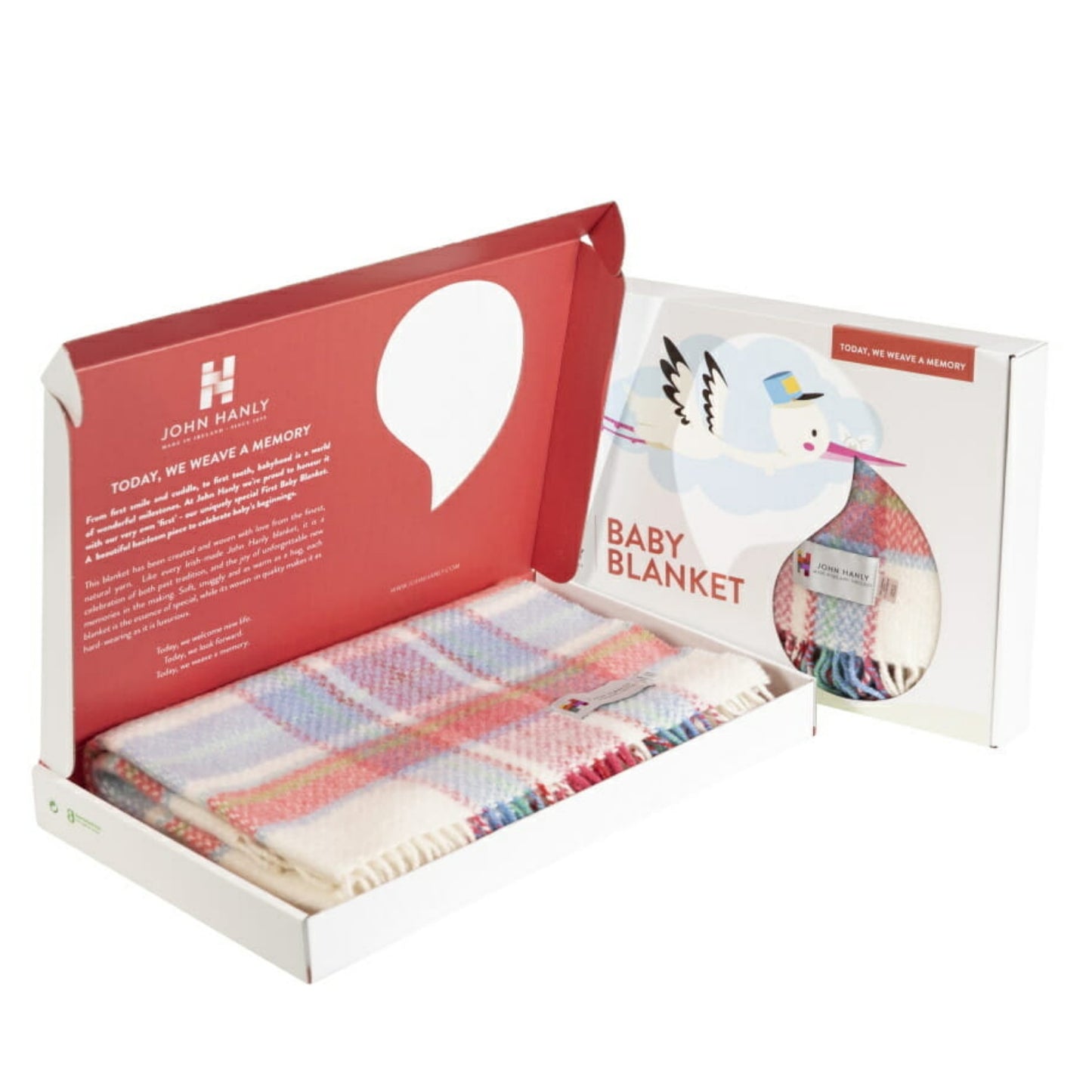 John Hanly Irish Cashmere Baby Blanket | White, Pink & Blue Border Check Pattern | Cashmere Blanket | Baby Blanket in Presentation Box | BeoVERDE Ireland