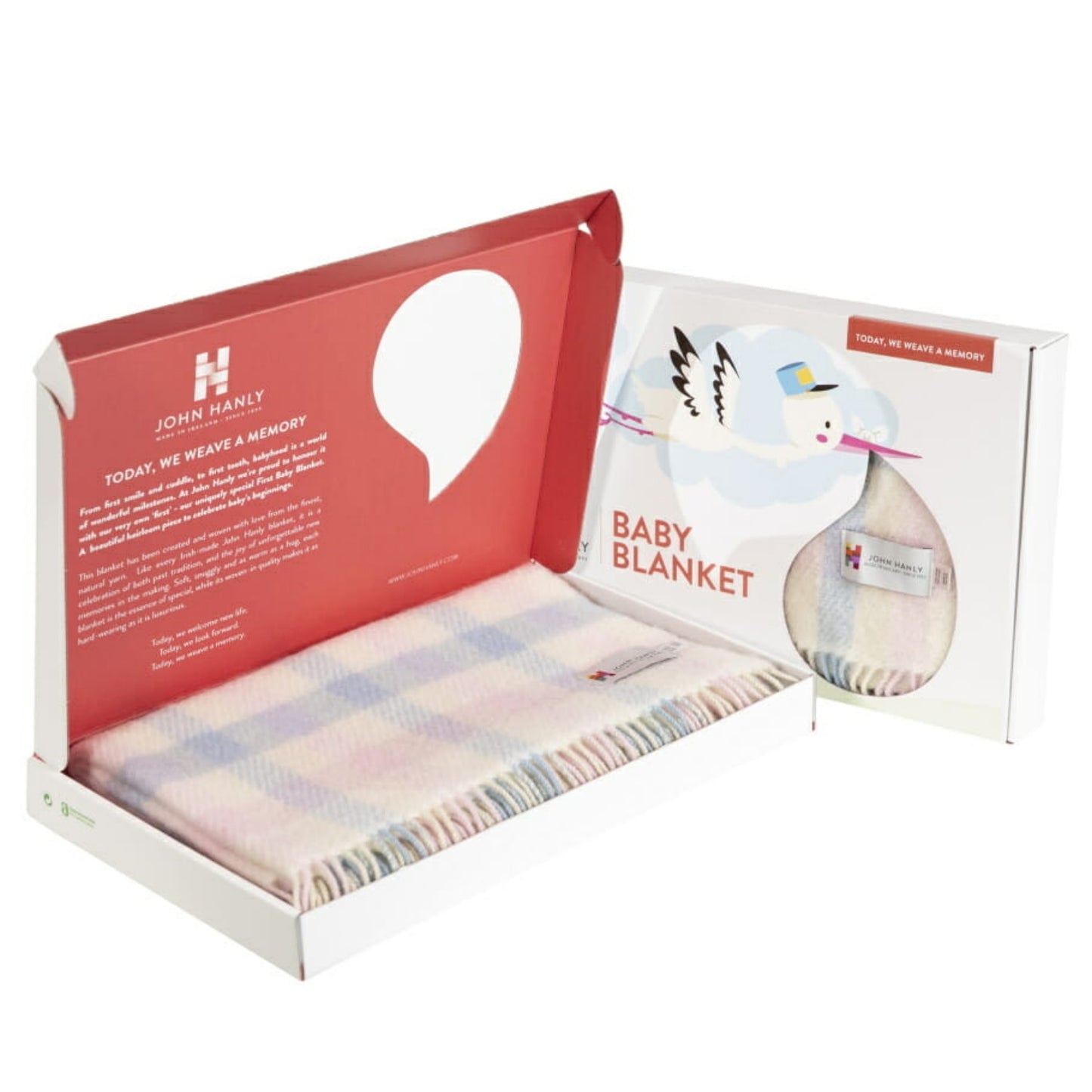 John Hanly Irish Wool Baby Blanket | White, Pink & Blue Border Block Check | 100% Pure Irish Wool Blanket | Baby Blanket in Presentation Box | BeoVERDE Ireland