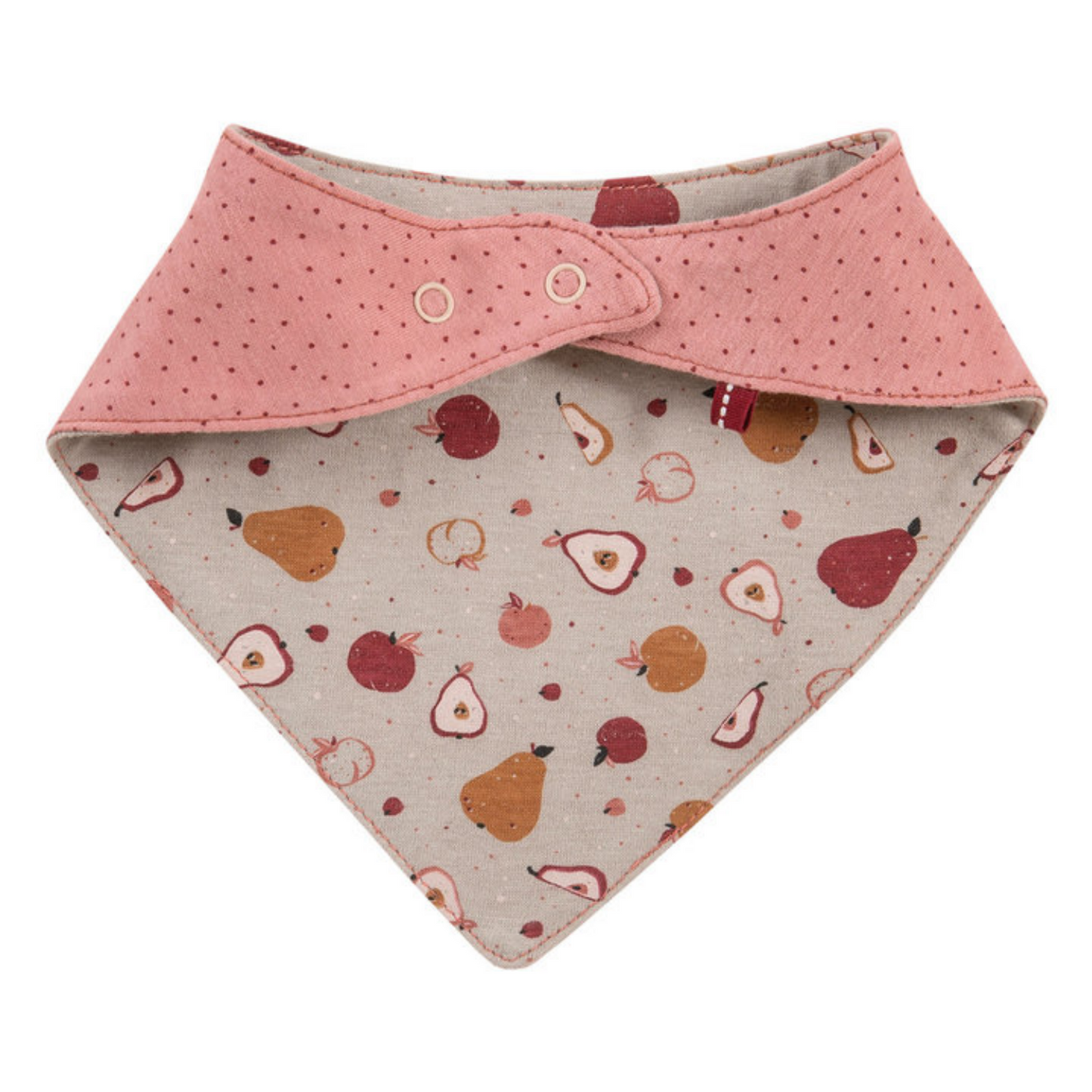 People WEAR ORGANIC Sweet Pear | Reversible Bandana Bib | GOTS Organic Cotton | Back: Crimson Dots | BeoVERDE Ireland