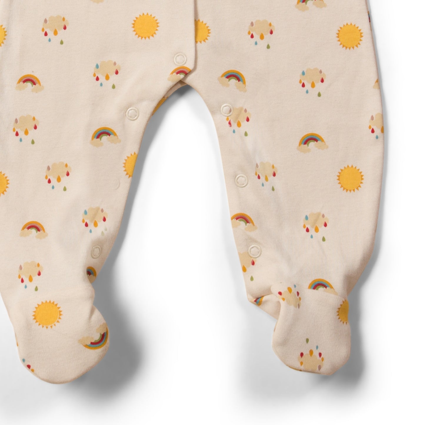 Little Green Radicals Sunshine and Rainbows | Babygrow Sleepsuit | GOTS Organic Cotton | Front Close-up | BeoVERDE Ireland