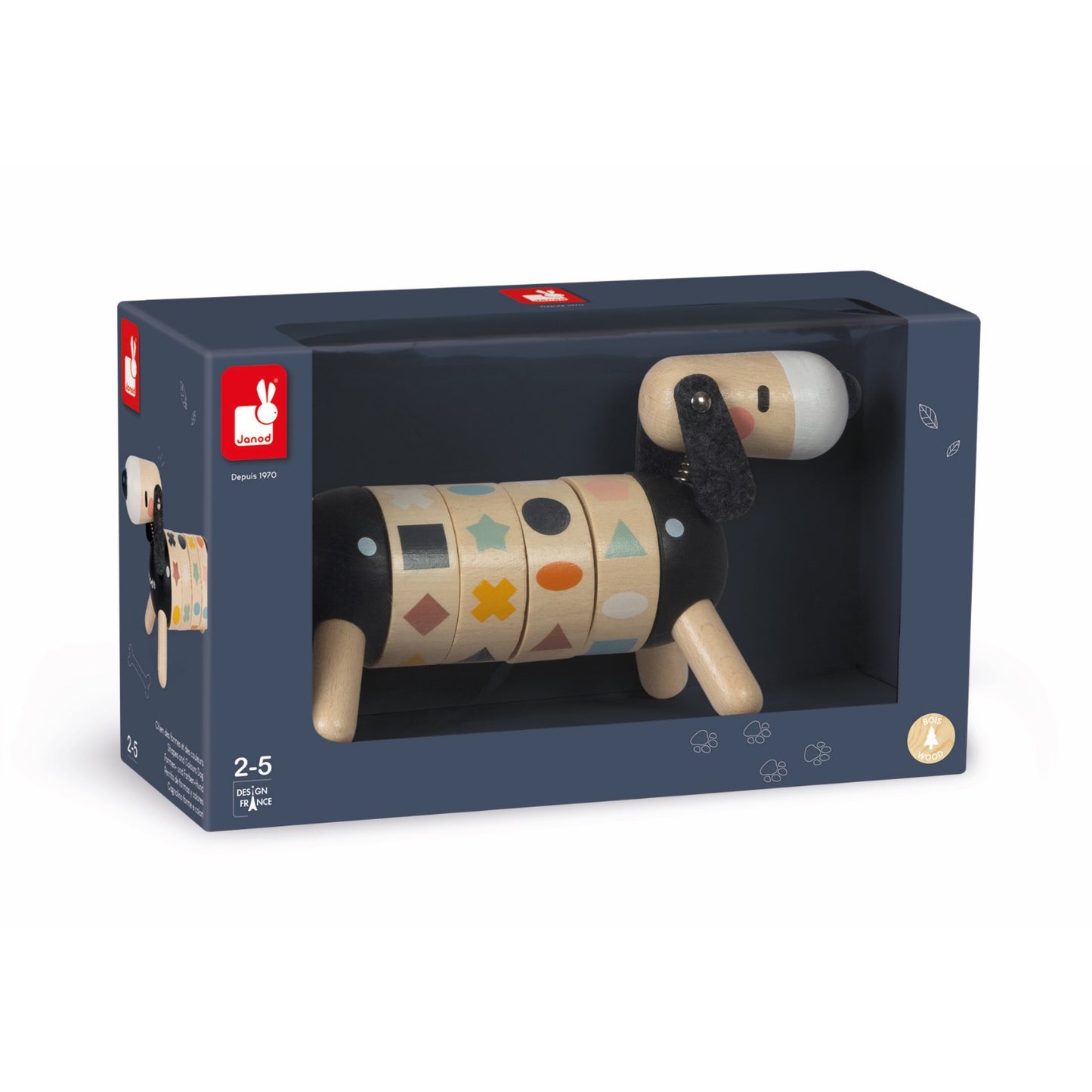 Janod Sweet Cocoon Shapes And Colours Dog | Scandi Style Wooden Toy | Packaging | BeoVERDE.ie