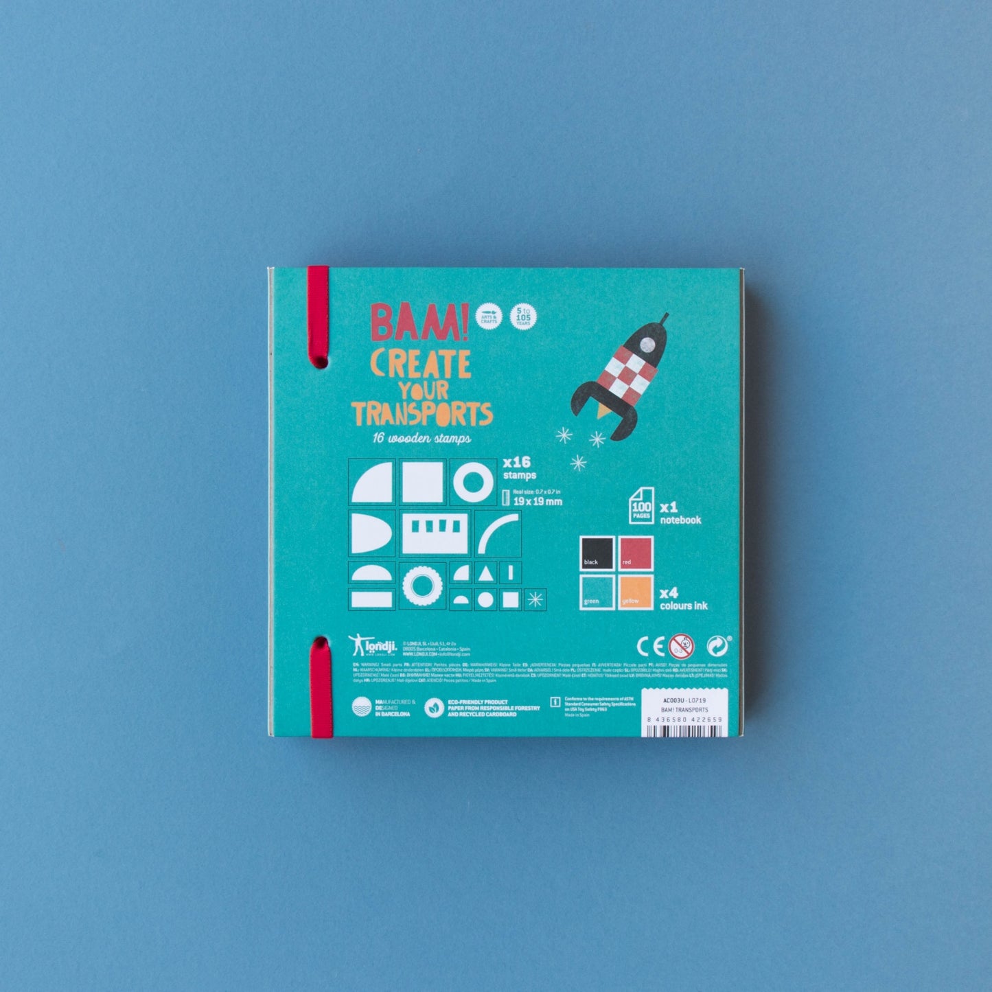 Londji BAM! TRANSPORTS Stamp Set | Creativity Vehicle Stamp Set for Kids | Box Back | BeoVERDE.ie