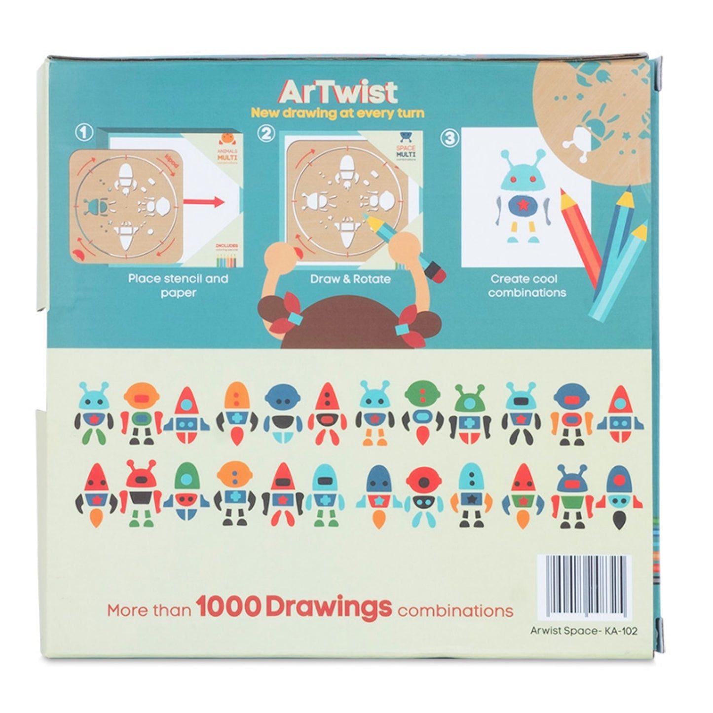 Space - Rotating Wooden Drawing Stencil Kit for Children | Kipod Toys | Wooden Arts & Crafts Kit | Educational Wooden Toy | Packaging Back | BeoVERDE.ie