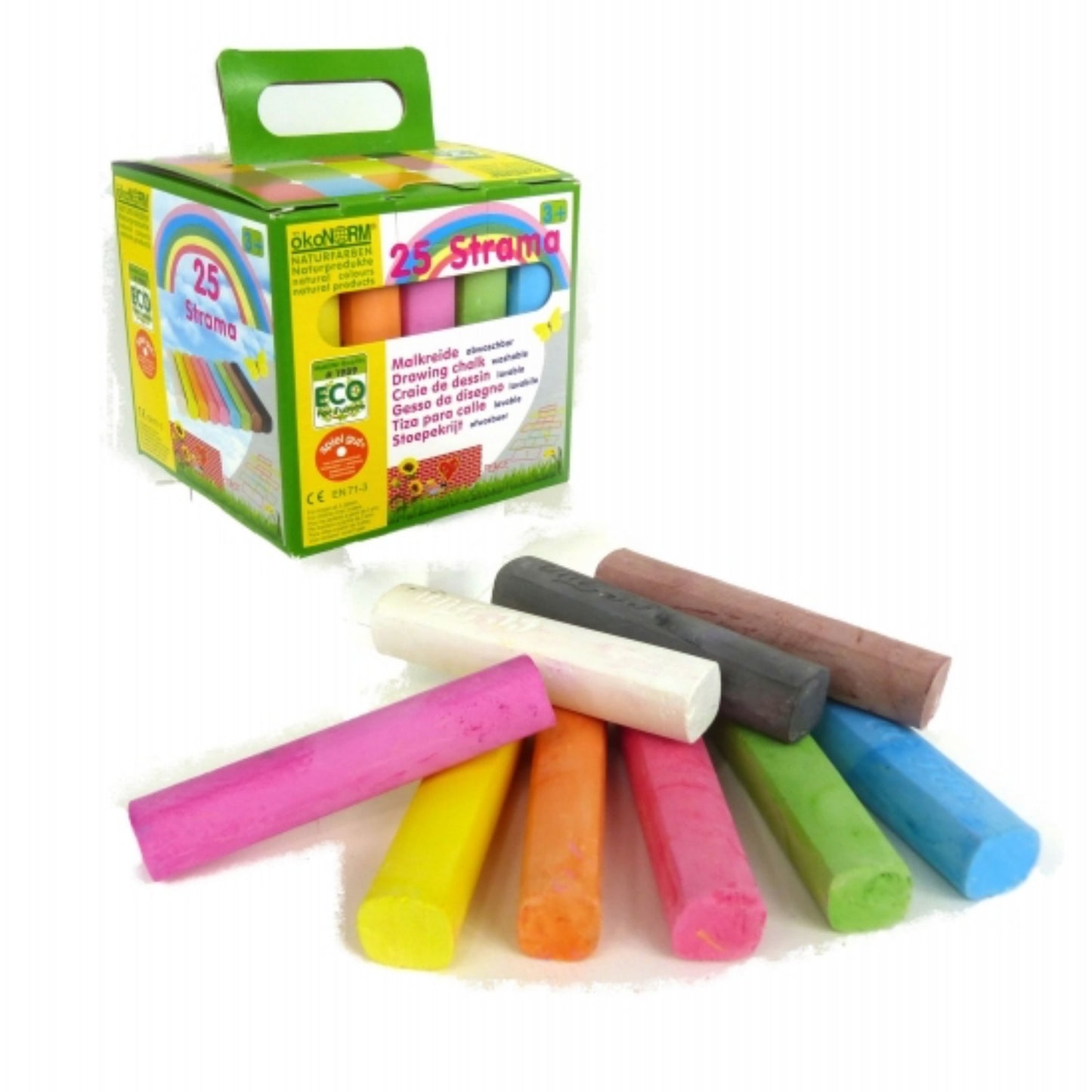 okoNORM Kids’ Natural Drawing Chalks | 25 Pieces | Vegan & Eco-Friendly | 9 Colours | Box Closeup | BeoVERDE Ireland