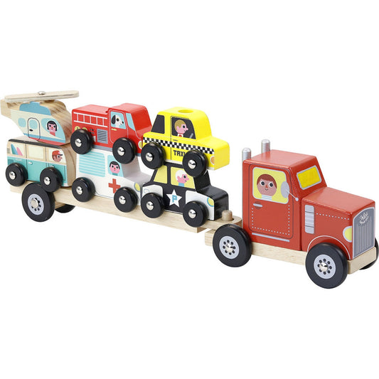 Vilac Stacker Car Transporter 6 Vehicles | Wooden Imaginative Play Toy | Front-Side View  - Vehicles on Trailer | BeoVERDE.ie