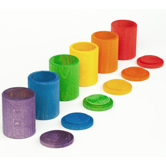 Grapat 6 Coloured Cups With Lids | Wooden Toys for Kids | Open-Ended Play Set | Side View Open Cups | BeoVERDE.ie