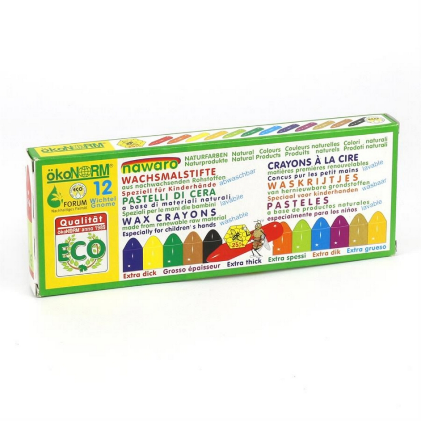 Child-Safe Easy-Grip Natural Wax Crayons | 12 Vibrant Colours | Box Closeup | BeoVERDE.ie
