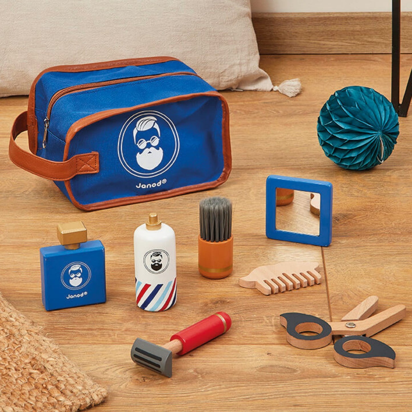 Janod Shaving Set | Role Play Wooden Toy for Kids | Lifestyle: Shaving Set on Floor | BeoVERDE.ie