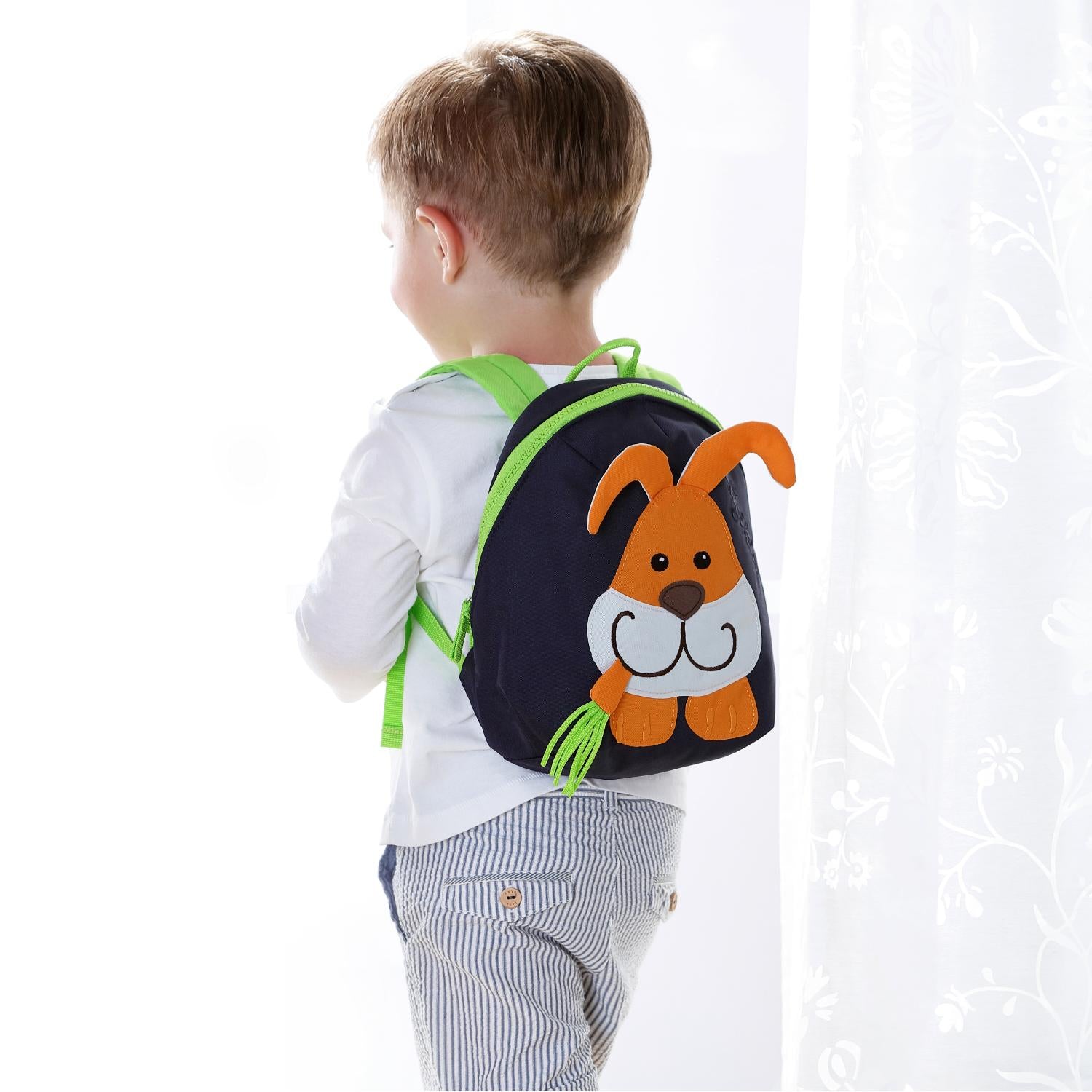 Sigikid Rabbit Toddler Backpack | Kid’s Backpack for Creche, Nursery & School | Lifestyle: Boy wearing rabbit backpack | BeoVERDE.ie