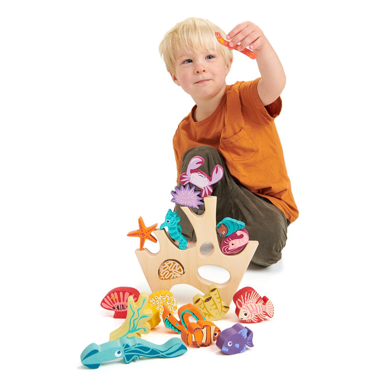 Stacking Coral Reef | Stacking + Balancing Wooden Toy | Lifestyle: Boy Playing With Stacker | BeoVERDE.ie