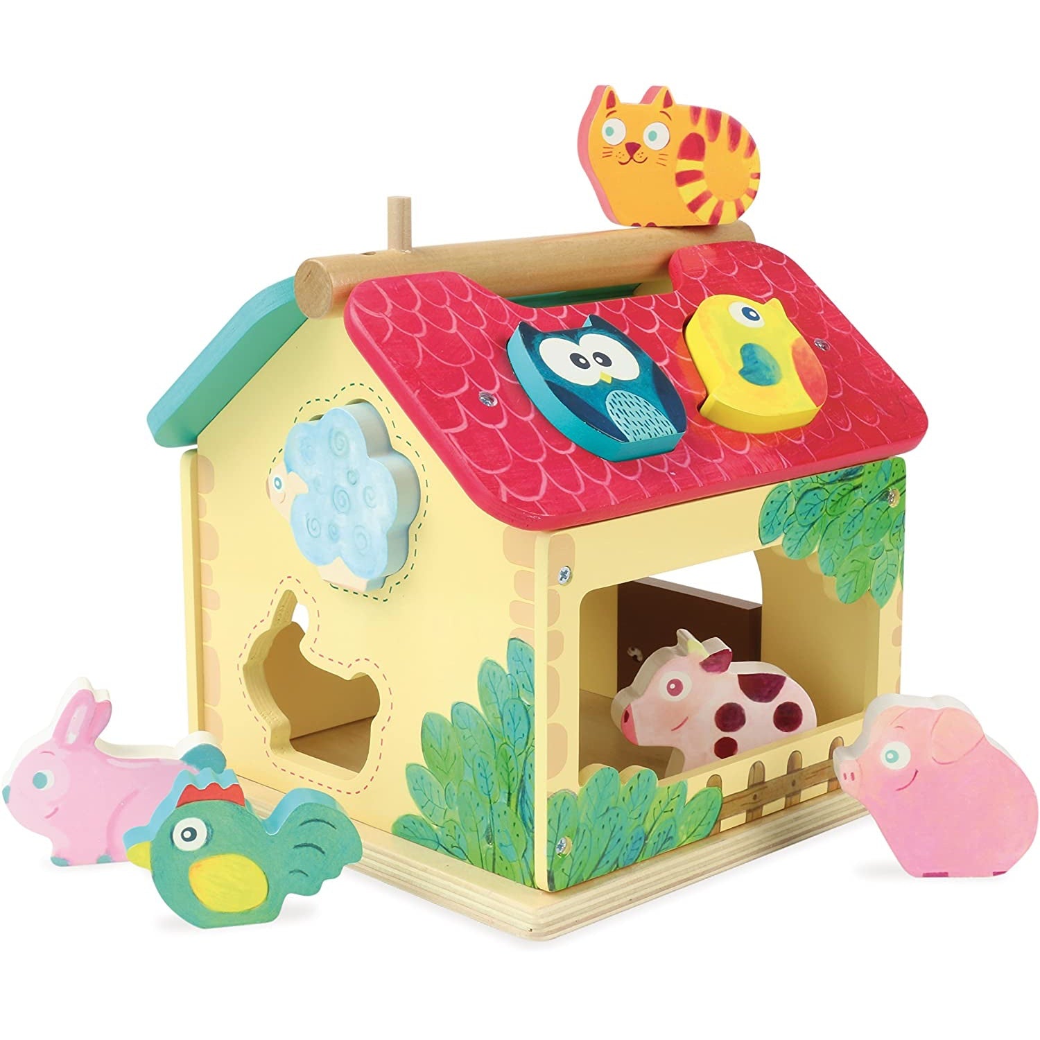 Vilac Farmhouse Shape Sorter with 10 Animals | Wooden Toddler Activity Toy | Side – Red Roof, Opposite Side | BeoVERDE.ie
