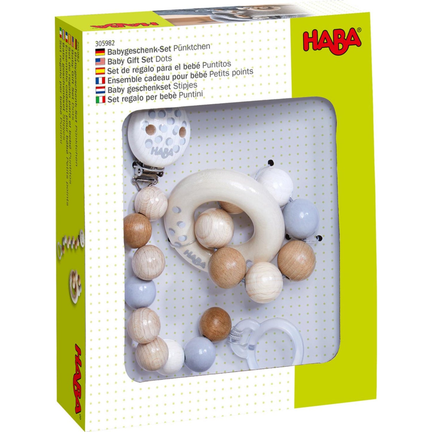 HABA Little Dots Dummy Clip + Clutching Toy | Front View - Packaging | BeoVERDE.ie