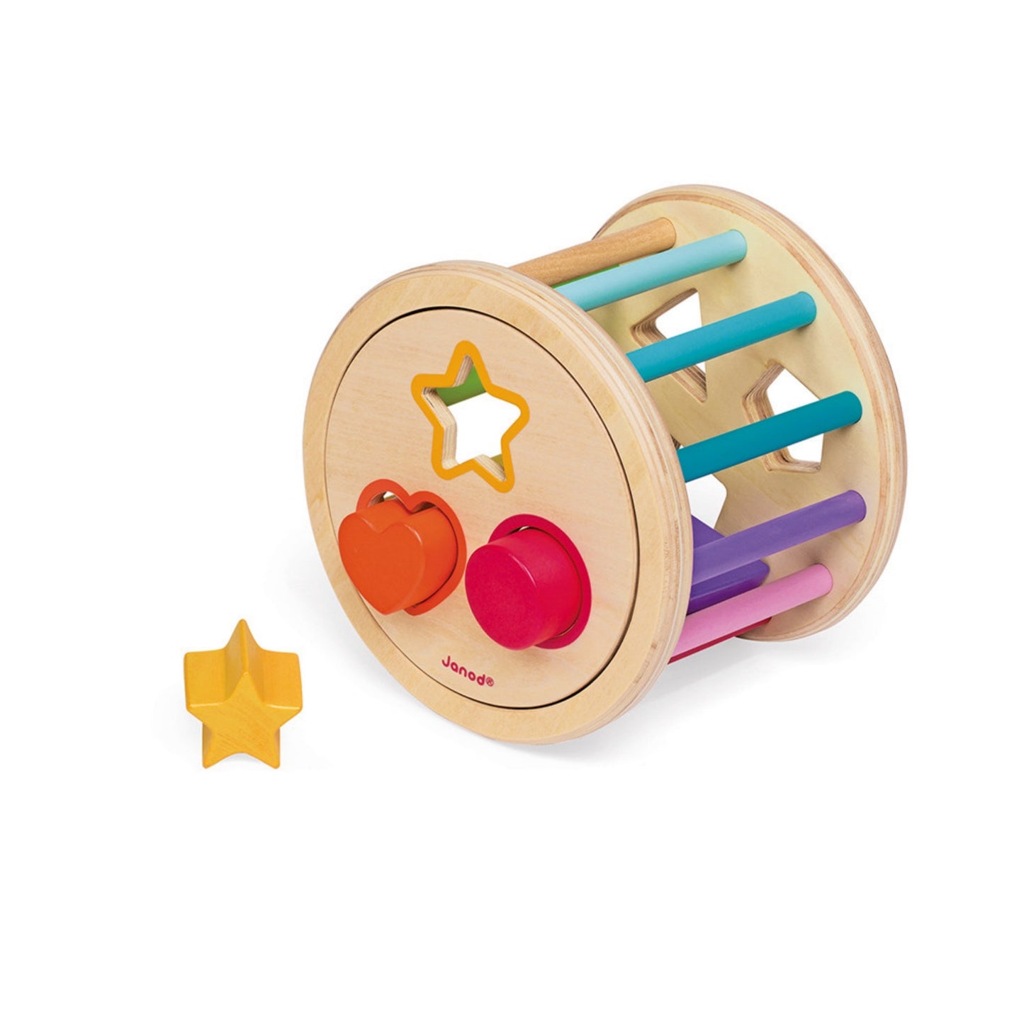 Janod Wooden Shape Sorter Drum | Baby and Toddler Activity Wooden Toy | Drum Sideways and Pieces Inside | BeoVERDE.ie