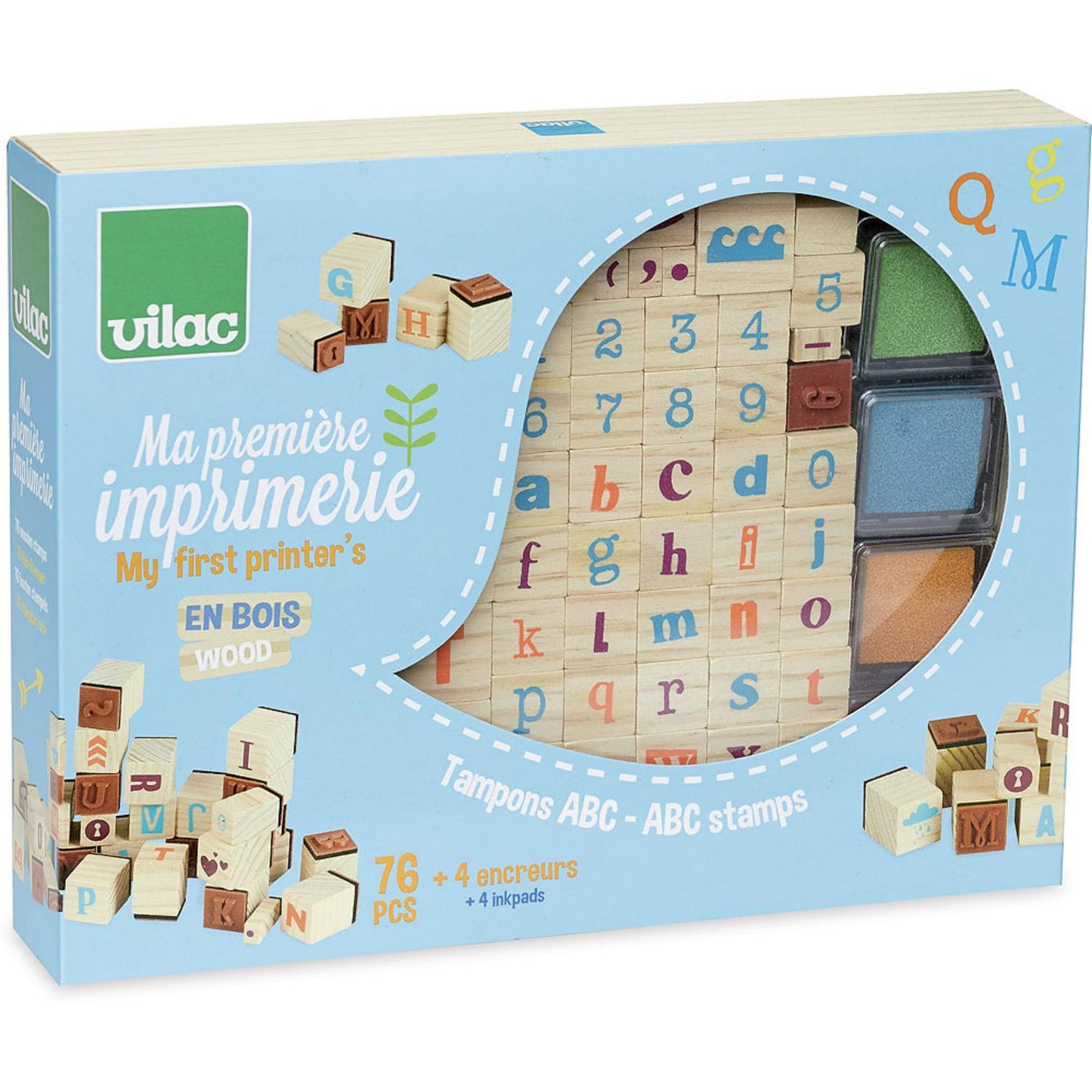 Vilac First Printers ABC Wooden Rubber Stamp Set | Creativity Stamp Set for Kids | Front View – Sales Box | BeoVERDE Ireland