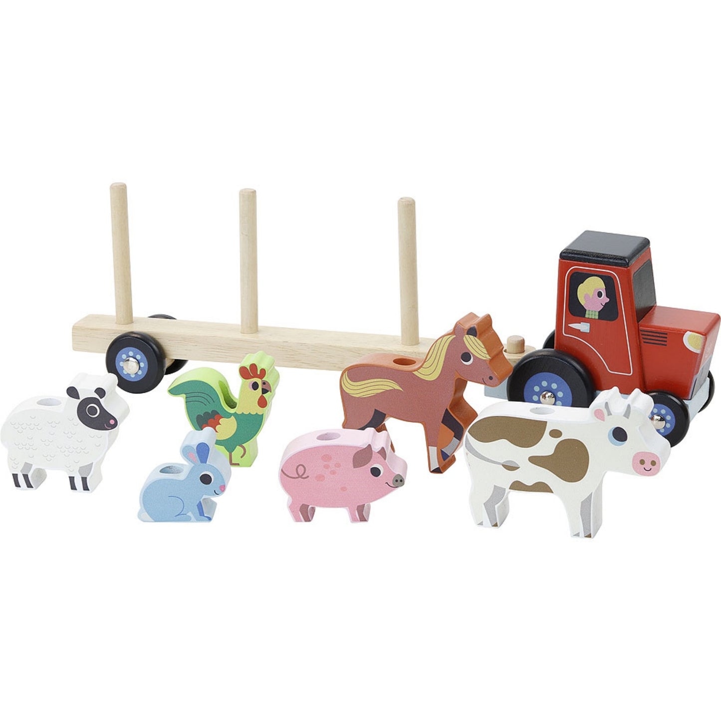 Vilac Stacker Tractor and Trailer with 6 Farm Animals | Wooden Imaginative Play Toy | Side View - Vehicles off Trailer | BeoVERDE.ie