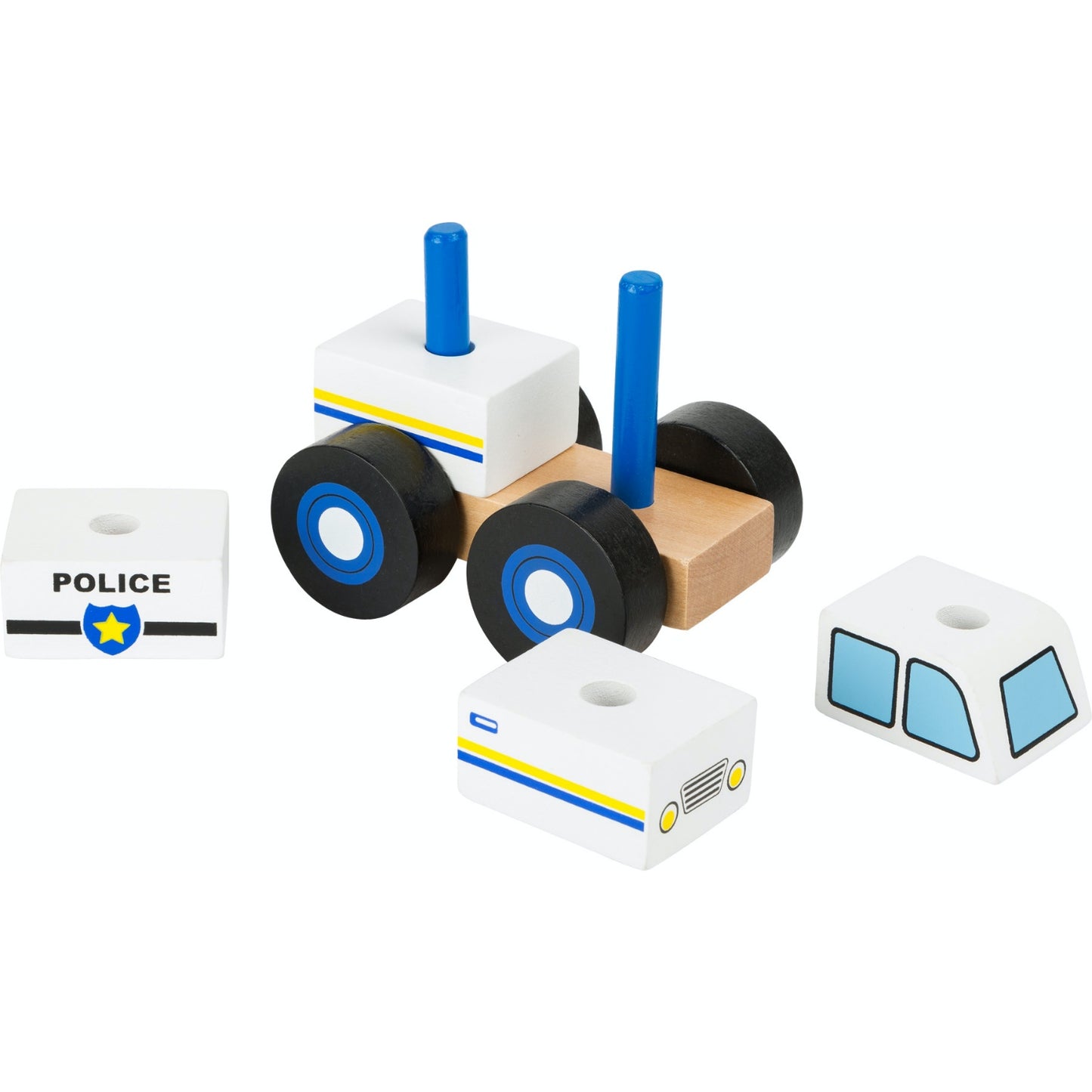 Small Foot Wooden Stacker Police Car | Baby & Toddler Activity Wooden Toy | Front Side View – All Pieces Removed | BeoVERDE.ie
