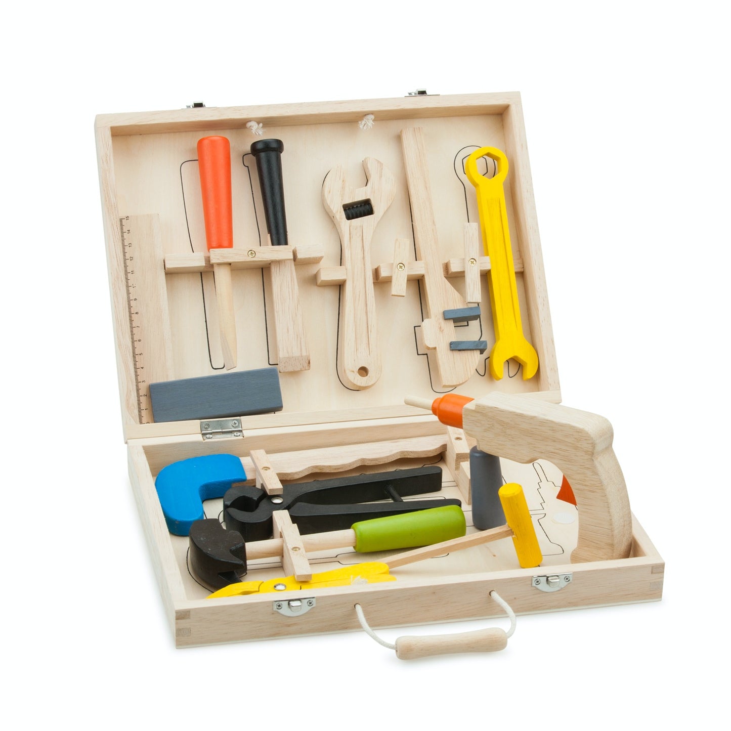 New Classic Toys Wooden Toy Tool Box with Carry Case | Pretend Play Wooden Tool Set | Carry Case Open – Tool in Designated Position | BeoVERDE.ie