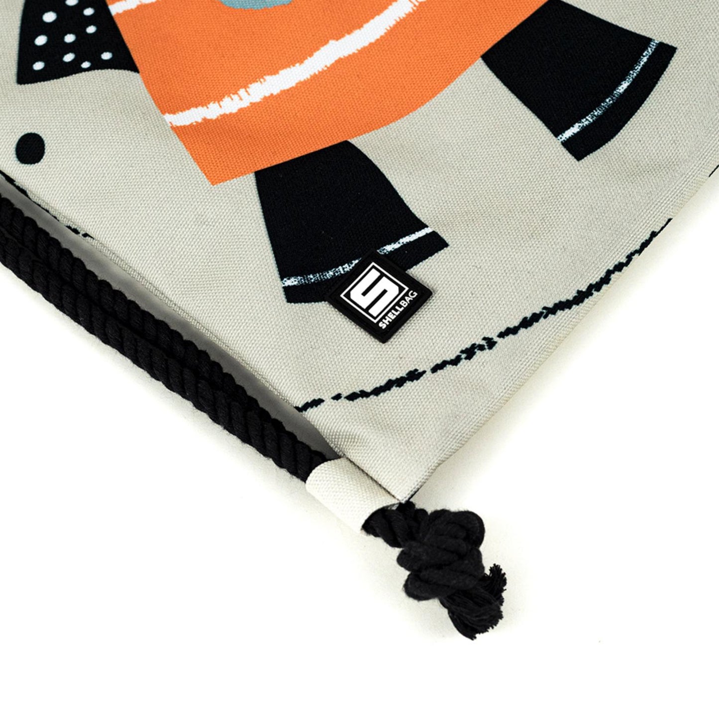 Shellbag Space Rocket Drawstring Bag | Kid’s Backpack for Creche, Nursery & School | Closeup – Drawstring and Logo | BeoVERDE.ie