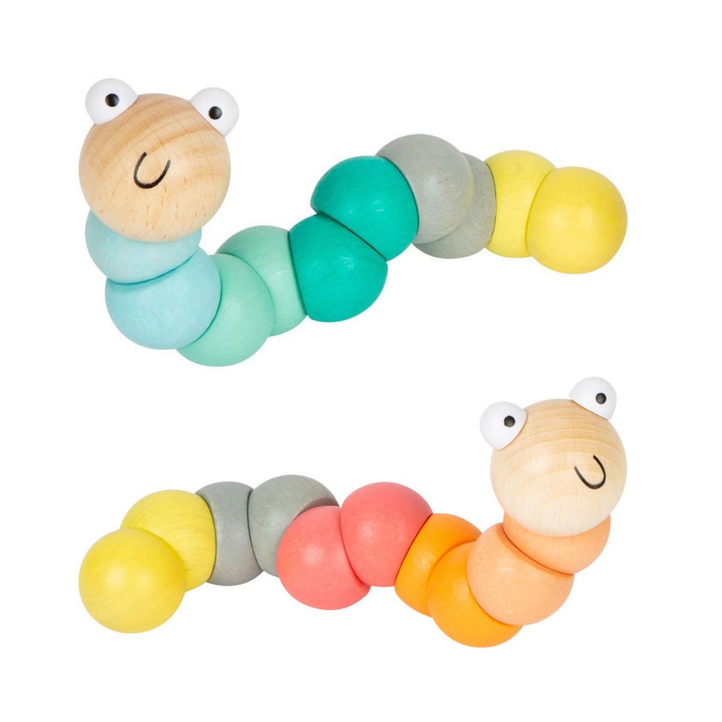 Pastel Green Wooden Bead Caterpillar | Wooden Activity Toy | Front View together with Pastel Orange Wooden Bead Caterpillar | BeoVERDE.ie