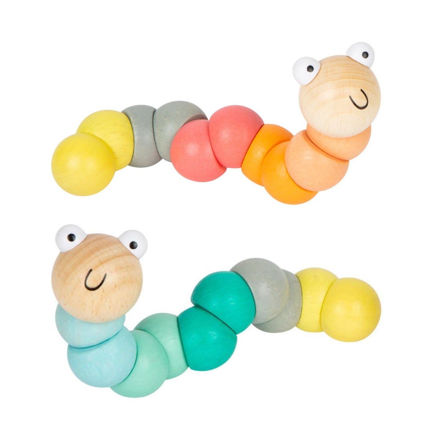 Pastel Orange Wooden Bead Caterpillar | Wooden Activity Toy | Front View together with Pastel Green Wooden Bead Caterpillar | BeoVERDE.ie